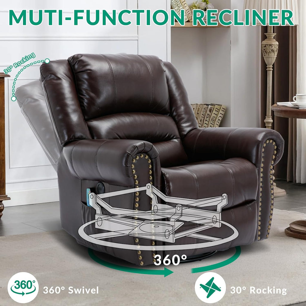 VIVIJASON Massage Swivel Rocker Recliner Chair with Heat & Vibration, 360° Swivel Manual Glider Rocking Reclining Chair with Remote Control, Side Pockets & USB Ports for Living Room, Brown