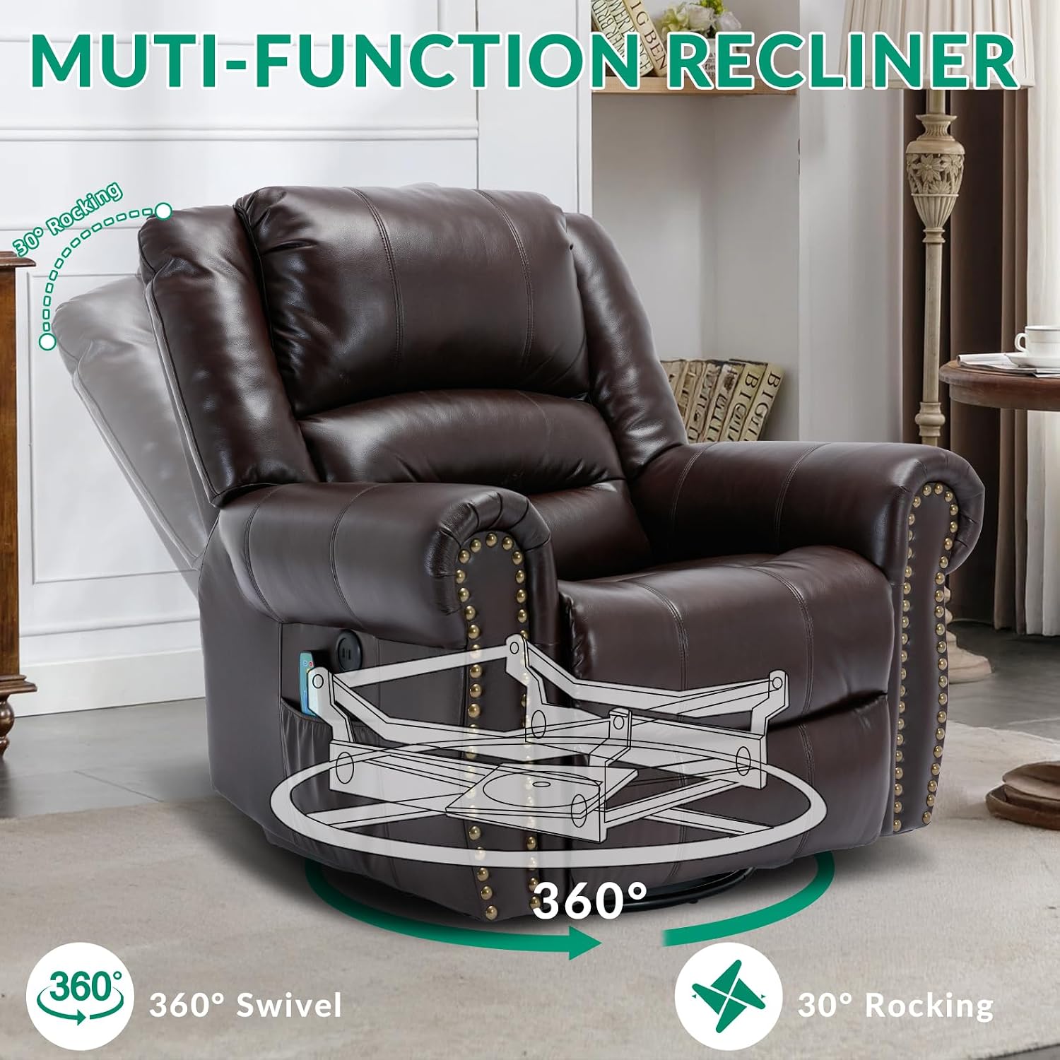 VIVIJASON Massage Swivel Rocker Recliner Chair with Heat & Vibration, 360° Swivel Manual Glider Rocking Reclining Chair with Remote Control, Side Pockets & USB Ports for Living Room, Brown