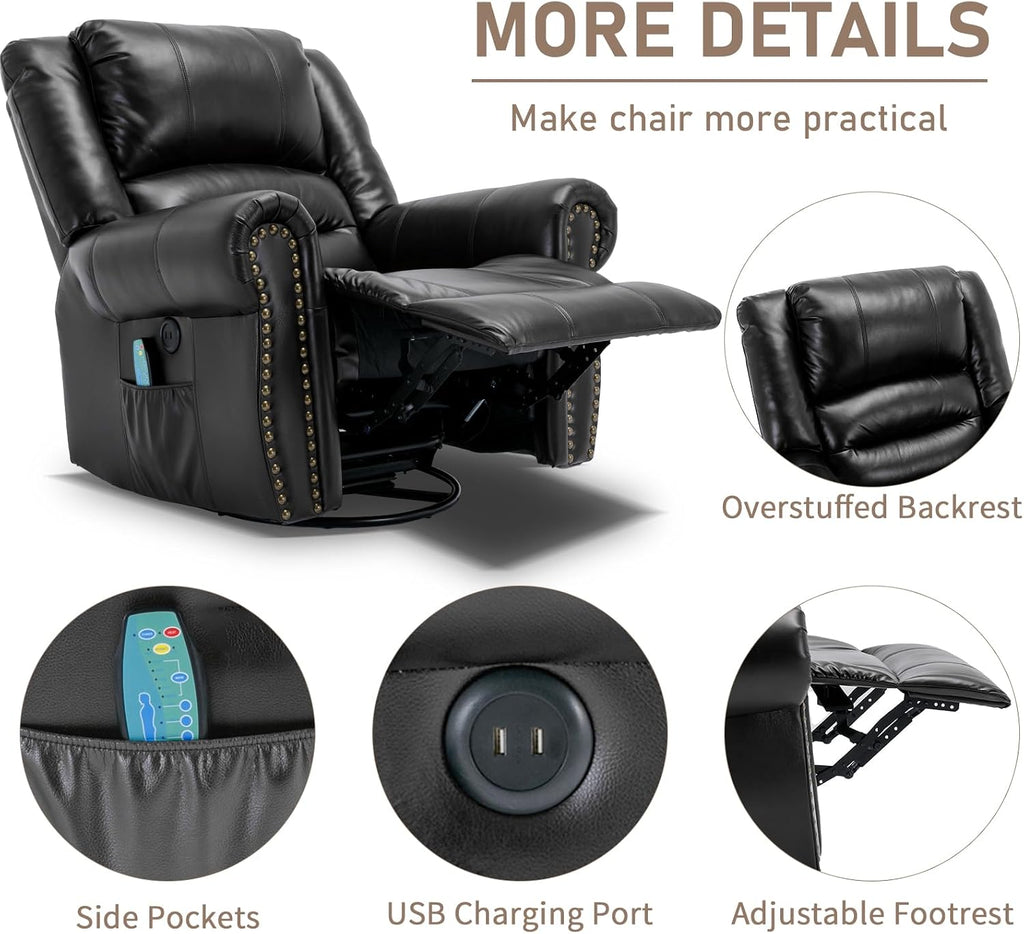 Manual Massage Swivel Rocker Recliner with Heat and Vibration, 360° Swivel Glider Rocking Recliner Chair, Classic Living Room Lounge Recliners with Side Pockets & USB Ports, Black