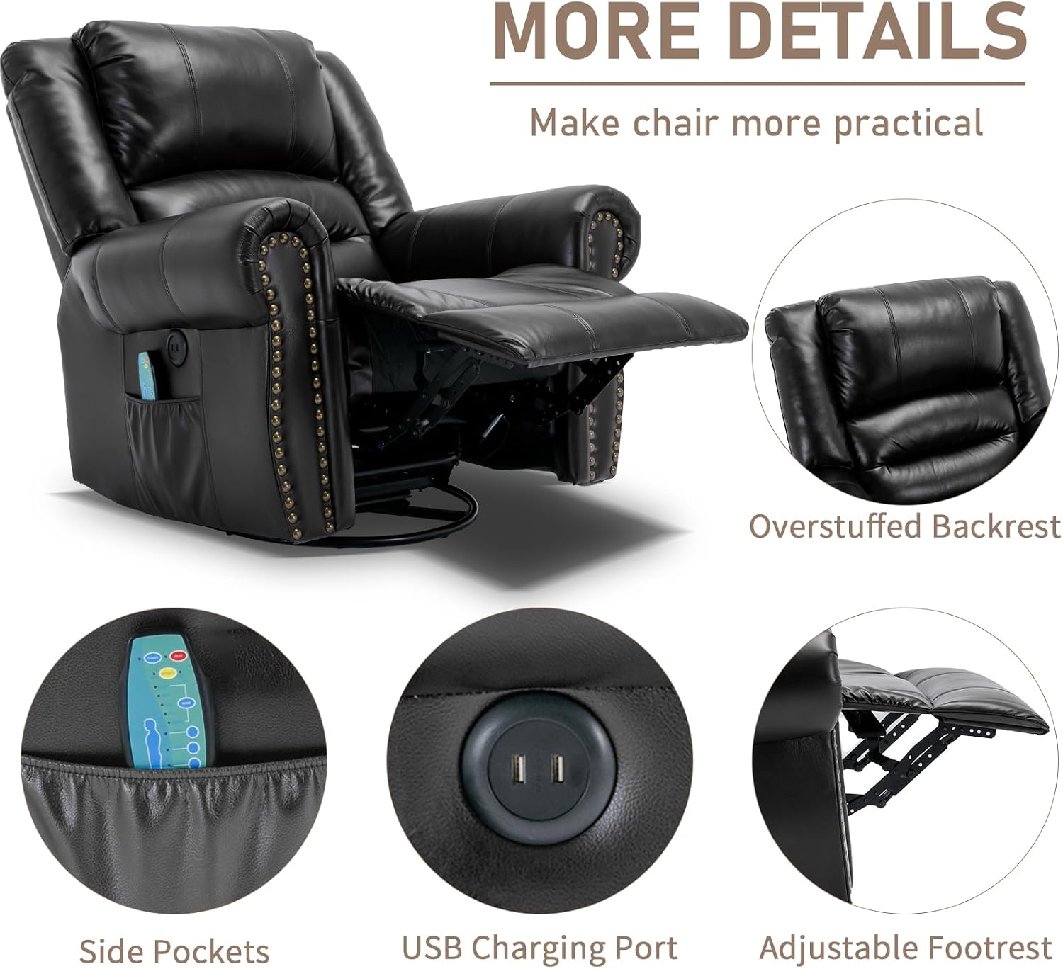 Manual Massage Swivel Rocker Recliner with Heat and Vibration, 360° Swivel Glider Rocking Recliner Chair, Classic Living Room Lounge Recliners with Side Pockets & USB Ports, Black