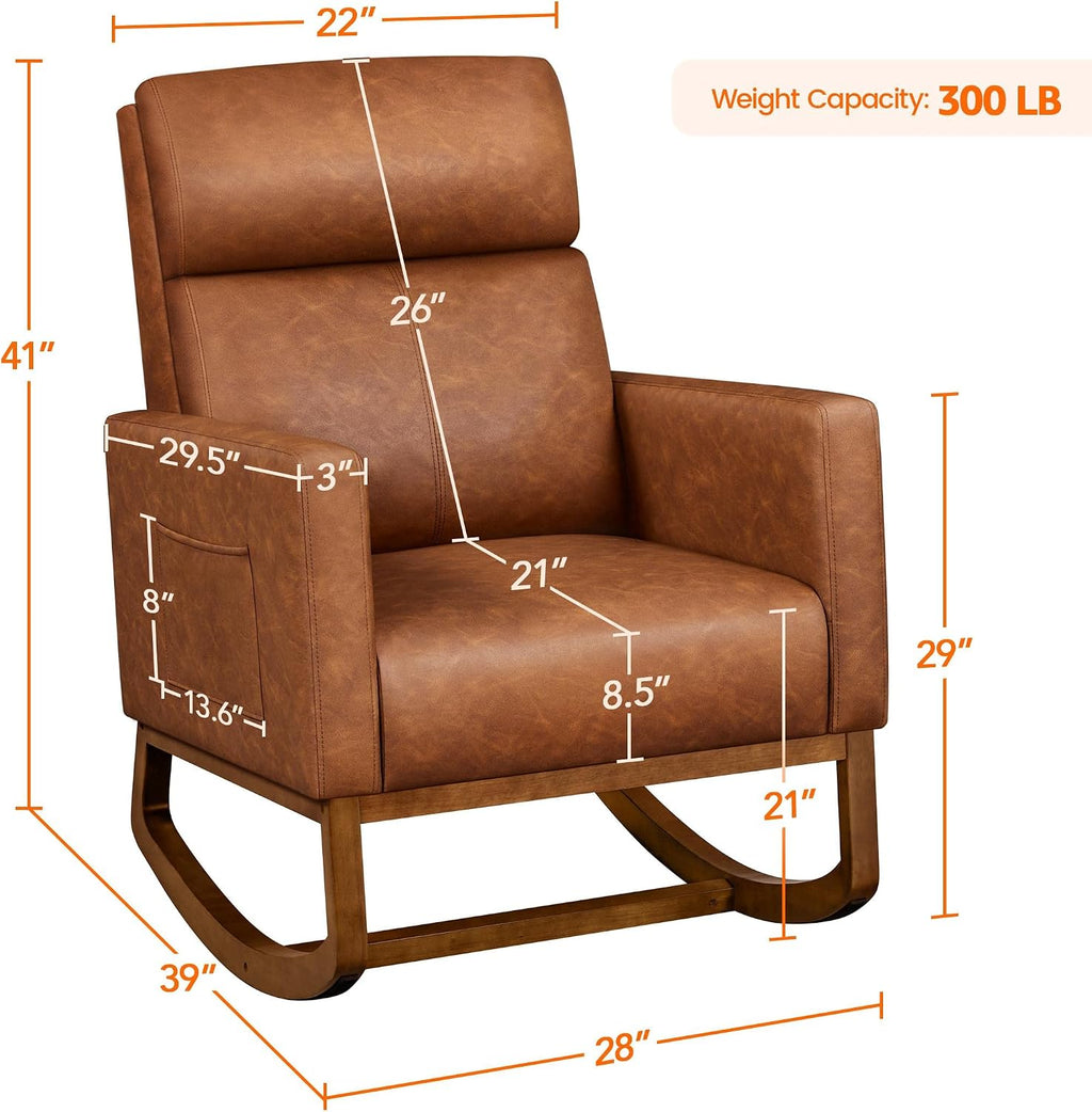 Topeakmart Nursery Rocking Chair, PU Leather Modern Accent Chair with Wood Legs Side Pocket Armchair Glider Rocker for Nursery Living Room Bedroom Lounge, Brown
