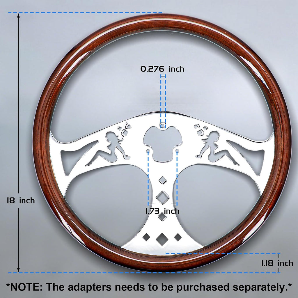 Sorghum 18' Solid Wood Steering Wheel - 3 Spokes Aluminum Chrome Classic Steering Wheel with Horn Button for Trucks Compatible with Mack Kenworth Peterbilt Volvo Freightliner-Girl Pattern