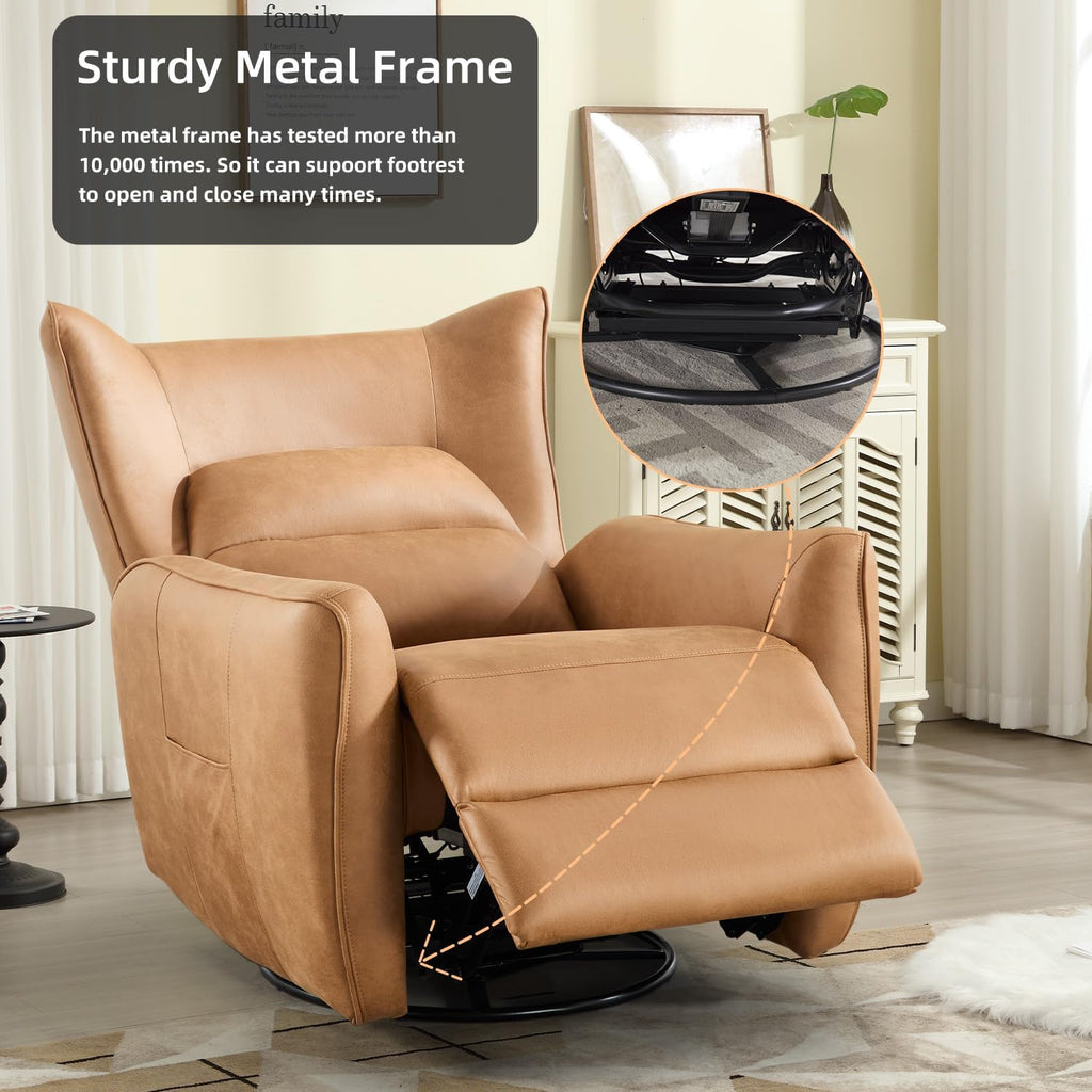 INZOY Power Swivel Rocker Recliner Glider, Oversize Electric Swivel Rocker Recliners with Highly Enveloping Backrest, Nursery Rocking Recliner Chair Fabric Reclining Sofa for Living Room, Brown