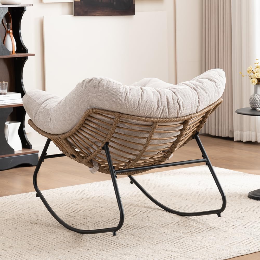Outdoor Papasan Chair, Oversized Rocking Chair with Cushion and Metal Frame, Patio Lounge Rocking Chair for Balcony Backyard Porch Bedroom Living Room (Light Beige)