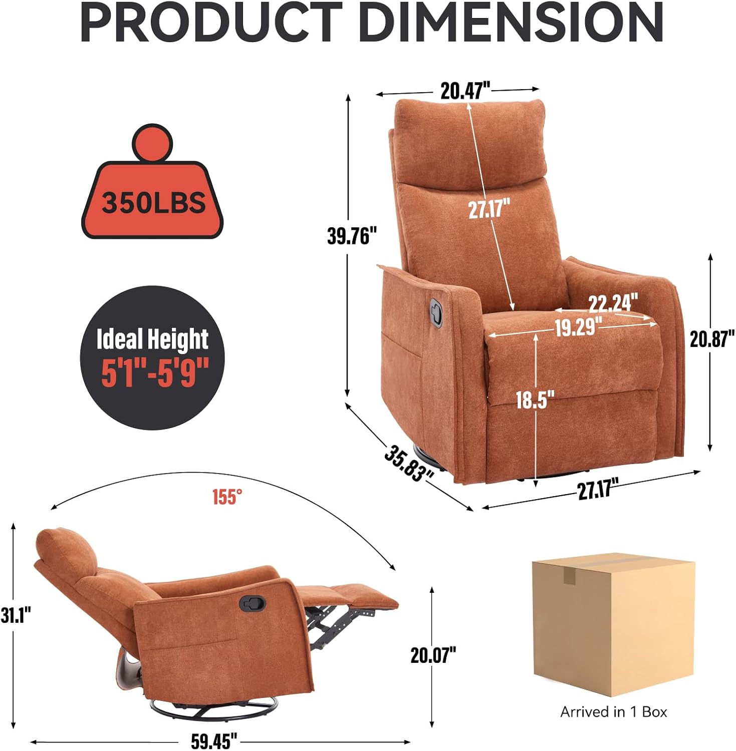 Anwick 360° Swivel Rocker Recliner Chair with Heat and Massage, Manual Upholstered Recliner for Small Spaces, Fabric Glider Nursery Chair with Side Pockets for Living Room (Orange)
