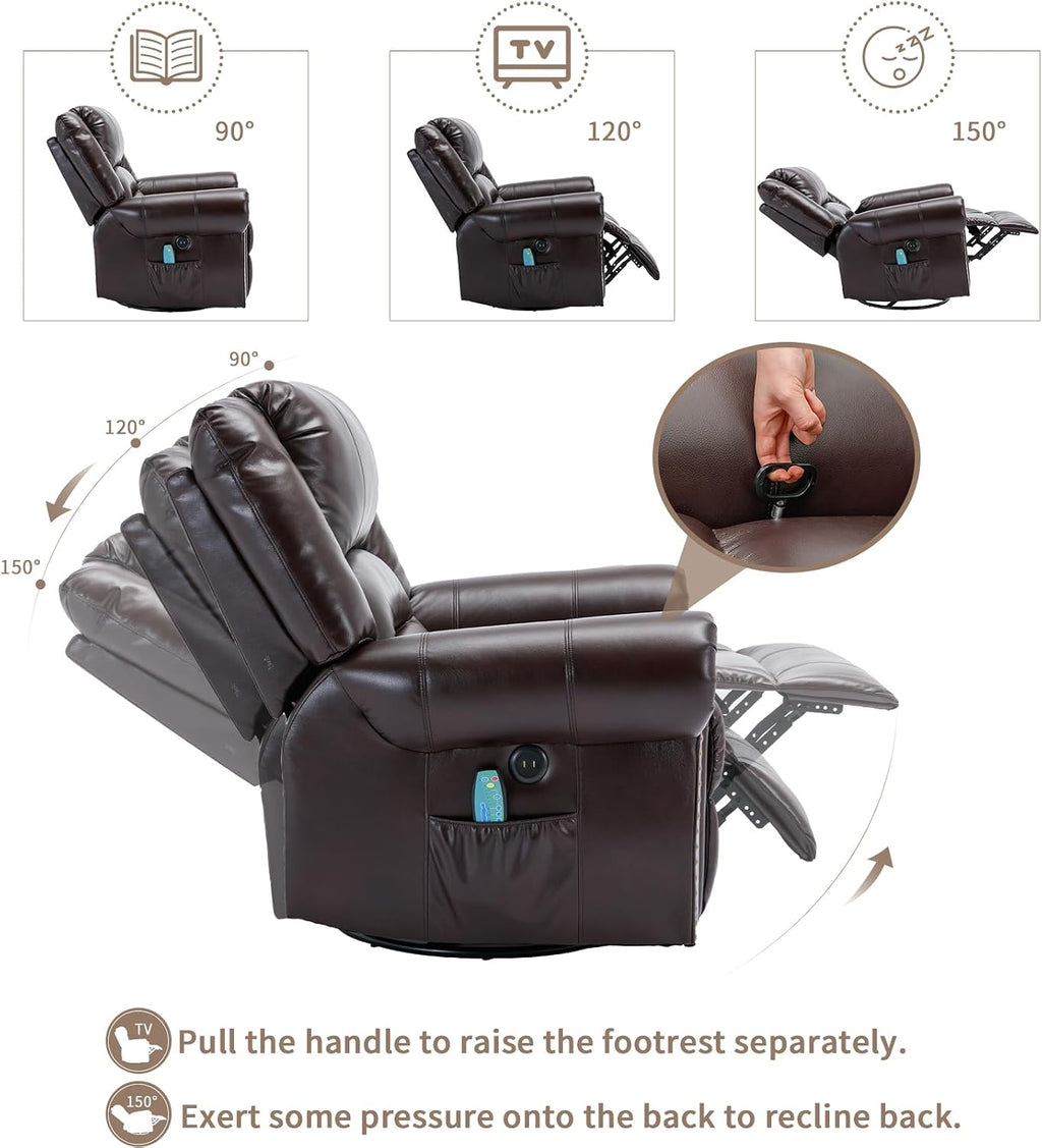 Manual Massage Swivel Rocker Recliner with Heat and Vibration, 360° Swivel Glider Rocking Recliner Chair, Classic Living Room Lounge Recliners with Side Pockets & USB Ports, Brown