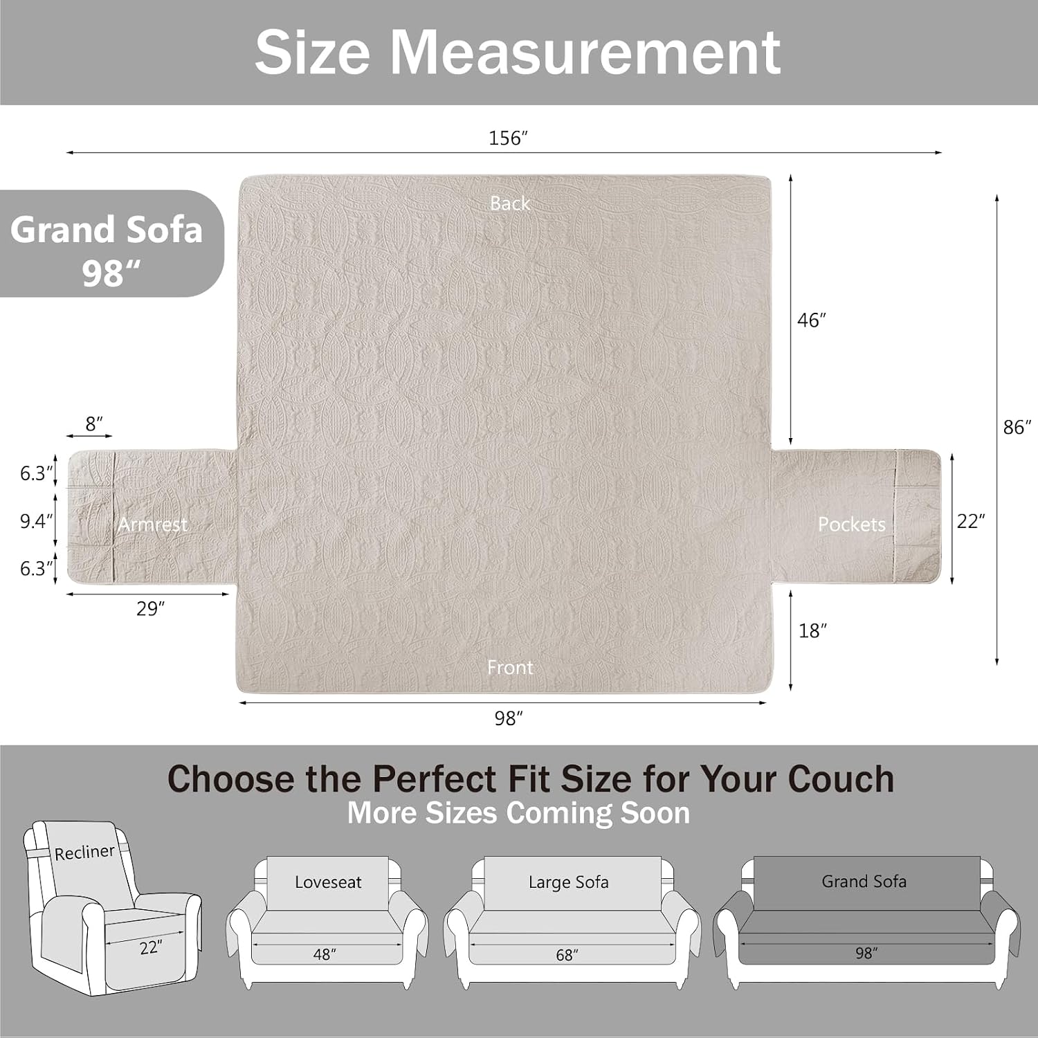 Quilted Grand Sofa Covers for 4 Cushion Couch, Couch Cover for Grand Sofa Washable, Soft Cozy Couch Protector, Oversized Grand Sofa Slipcovers Water-Repellent (Grand Sofa 98', Beige Cream)