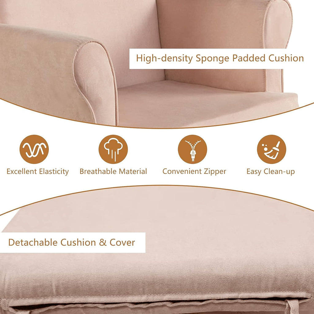 Costzon Glider and Ottoman Set, Wood Baby Rocker Nursery Furniture for Napping Reading Nursing, Cleanable Upholstered Comfort Rocking Nursery Chair with Detachable Cushion (Pink)