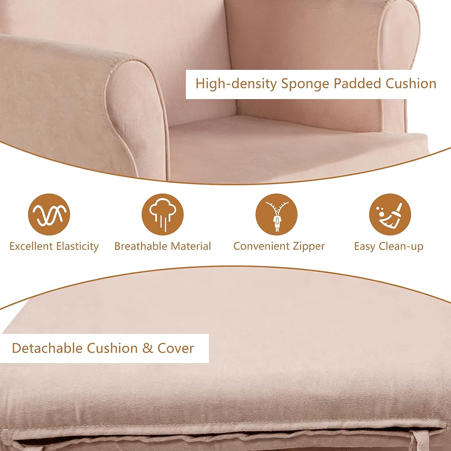 Costzon Glider and Ottoman Set, Wood Baby Rocker Nursery Furniture for Napping Reading Nursing, Cleanable Upholstered Comfort Rocking Nursery Chair with Detachable Cushion (Pink)