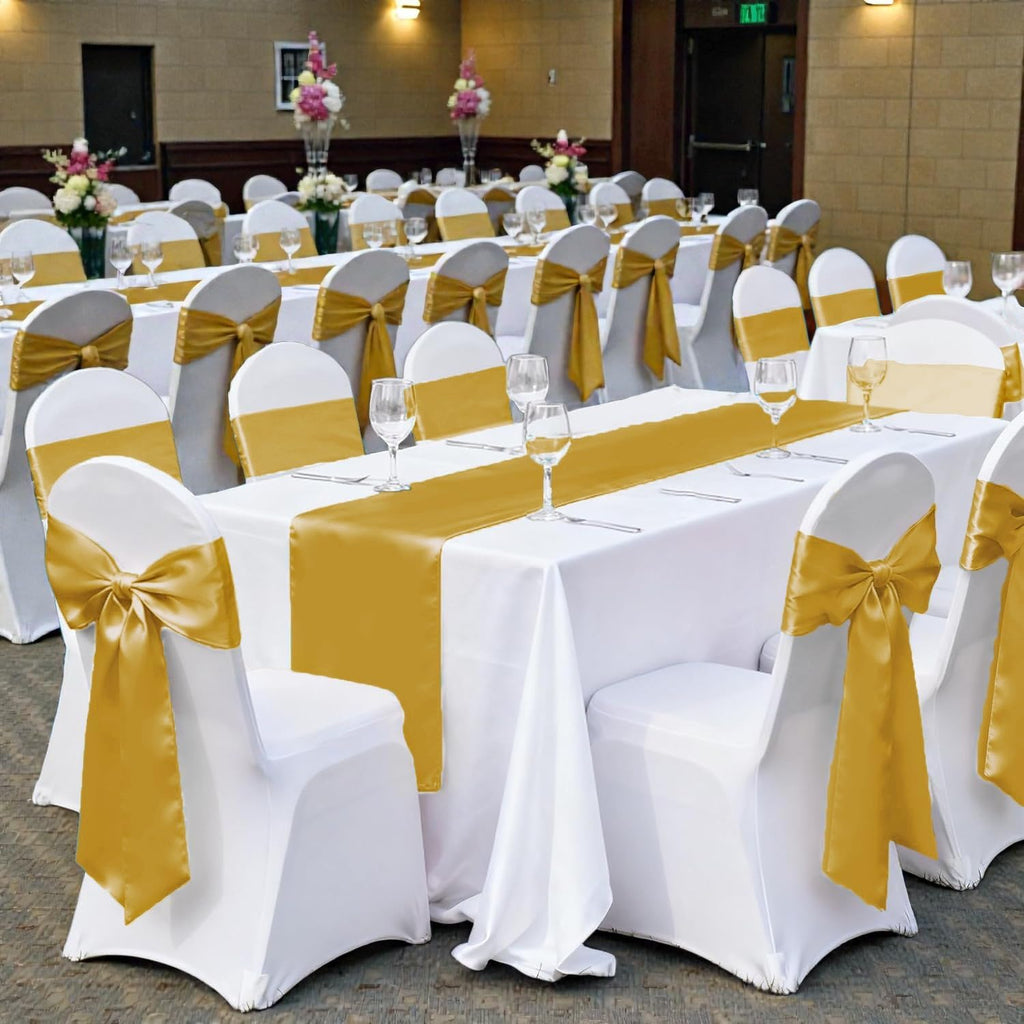 MDS 100 PCS Satin Table Runners 12 x 108 Inch Charmeuse Sateen Silk Table Runner for Indoor Outdoor Wedding Reception Birthday Graduation Party Event Banquet Dining Table Decoration - Gold