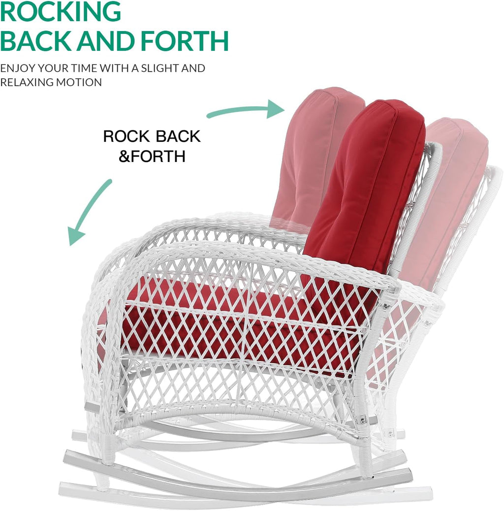 VIVIJASON 4-Piece Outdoor Patio White Wicker Conversation Sets, All Weather Outdoor Rattan Furniture Set Includes Glider Loveseat, Coffee Table, 2 Rocking Chairs with Cushions for Backyard, Red