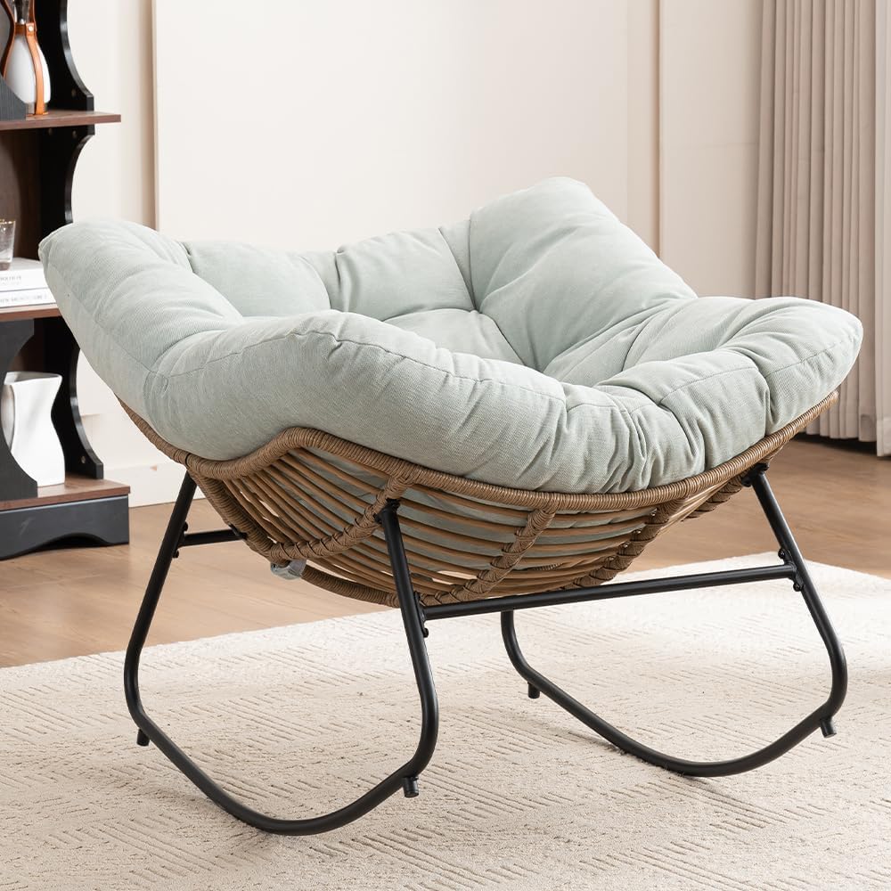 Outdoor Papasan Chair, Oversized Rocking Chair with Cushion and Metal Frame, Patio Lounge Rocking Chair for Balcony Backyard Porch Bedroom Living Room (Light Blue)