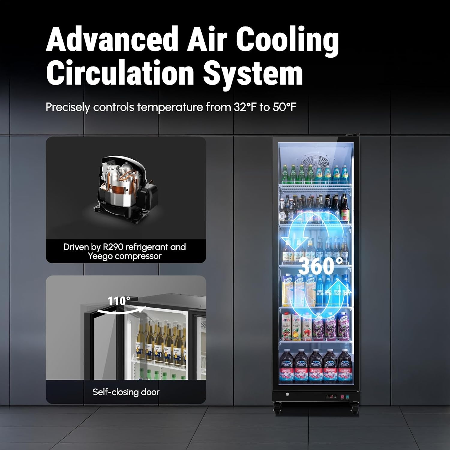 Yeego Commercial Refrigerators - 17.5 Cu.Ft Glass Door Commercial Beverage Refrigerators with Dual LED Light & Adjustable Shelves, 32-50°F Commercial Cooler for Stores Bakery Bar Offices Restaurants