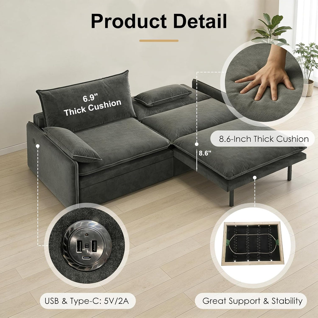 81' King Pull-Out Sofa Bed, 3-in-1 Convertible Sleeper Sofa Bed with Hidden Storage & USB Charging, Chenille Cloud Couch with Chaise Lounge for Living Room & Apartment, Dark Grey | Pullout Couch