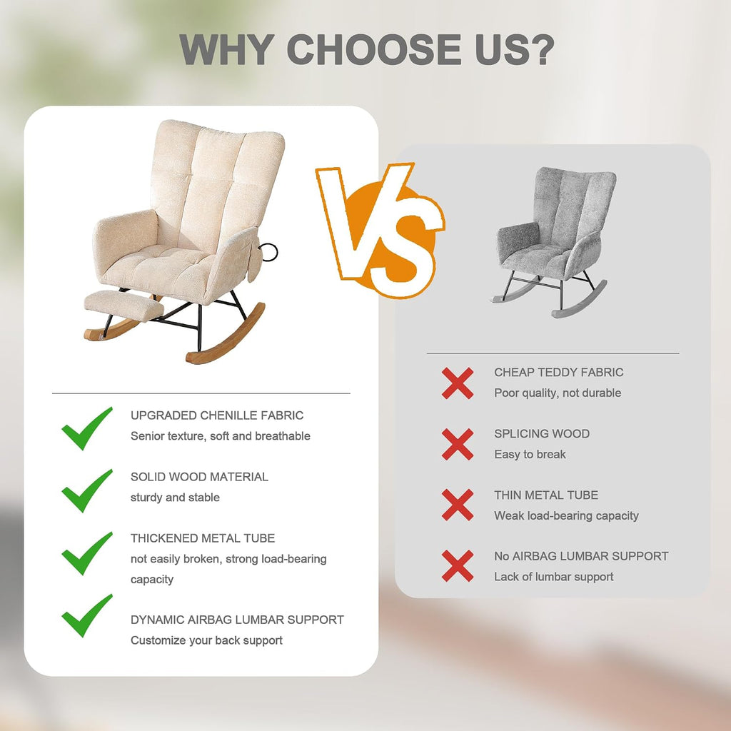 Rocking Chair Nursery with Airbag, Comfy Modern Nursery Rocking Reading Chair Indoor with Footrest, Cozy Upholstered Glider Rocker Chairs for Living Room Bedroom Offices(Chenille, Beige)