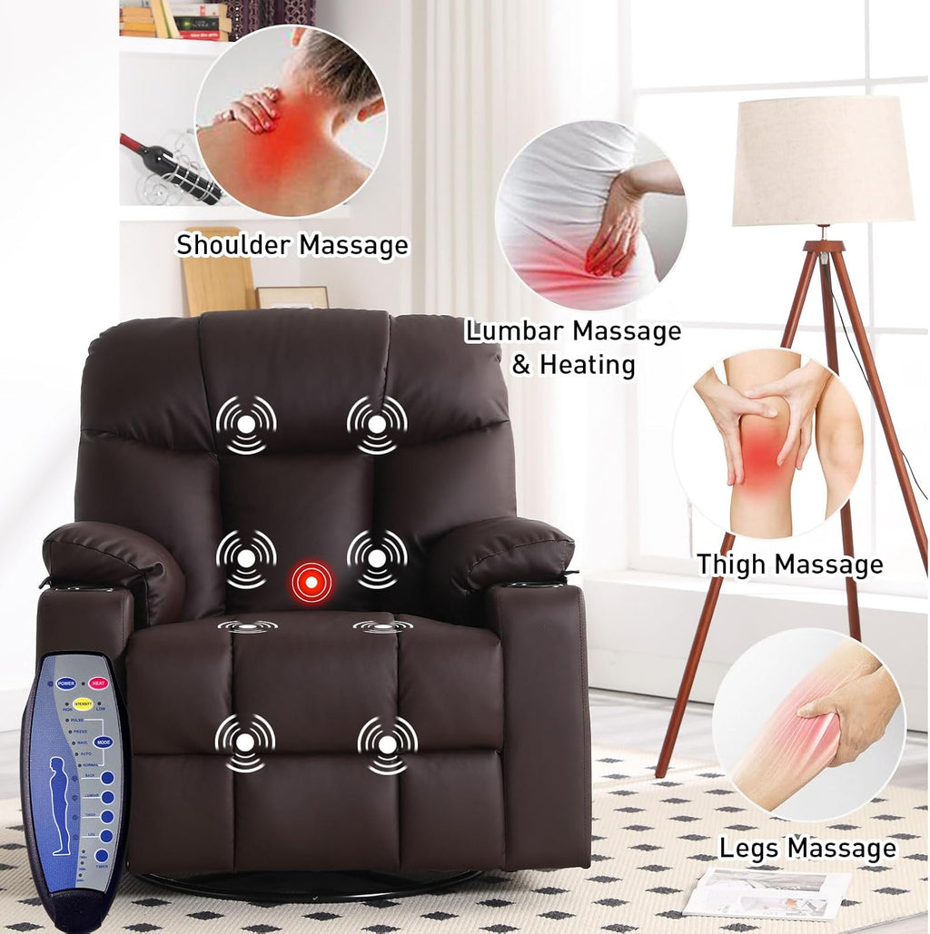 Bonzy Home Swivel Rocker Recliner with Heating and Massage, 40' Manual Rocker Recliner Chair, PU Leather Single Sofa with 2 Cup Holders for Living Room Bedroom, Brown