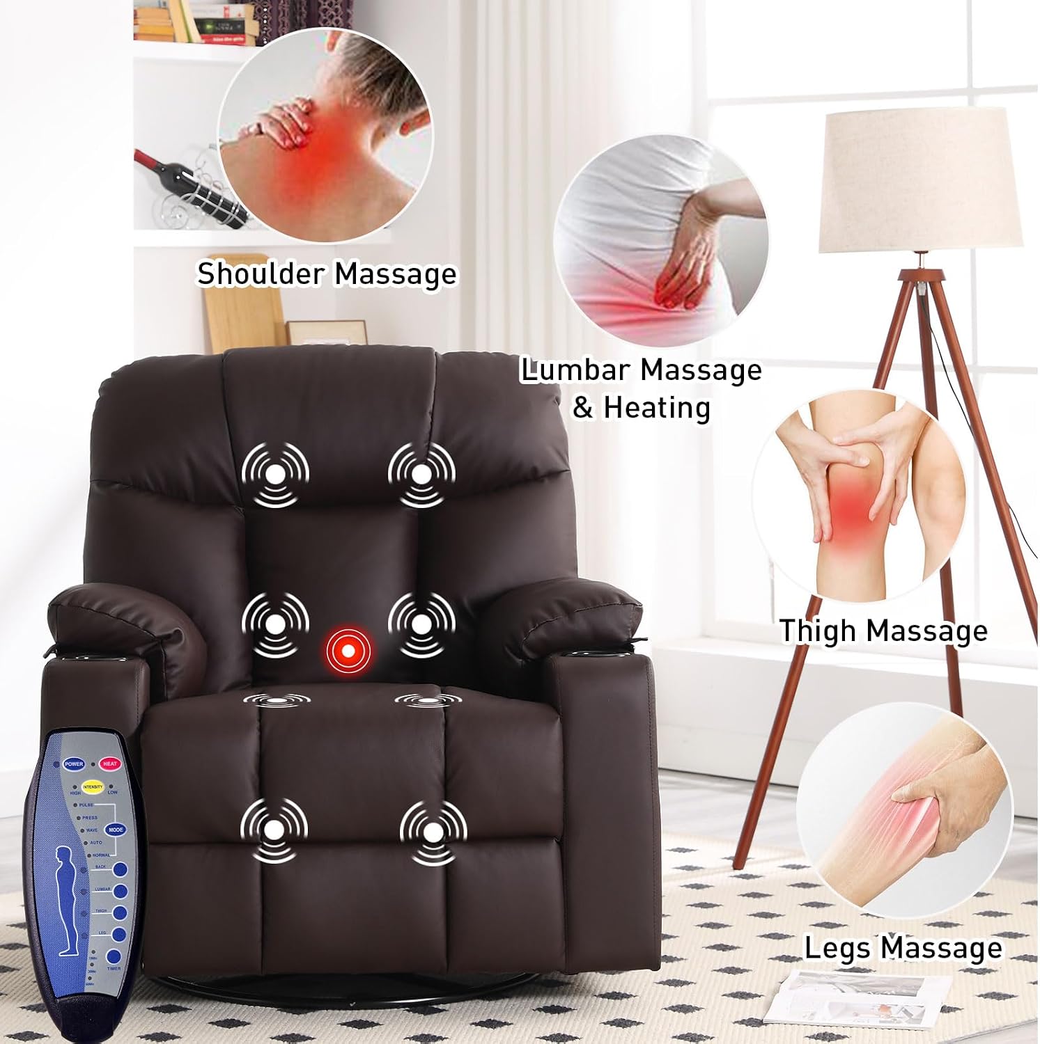 Bonzy Home Swivel Rocker Recliner with Heating and Massage, 40' Manual Rocker Recliner Chair, PU Leather Single Sofa with 2 Cup Holders for Living Room Bedroom, Brown