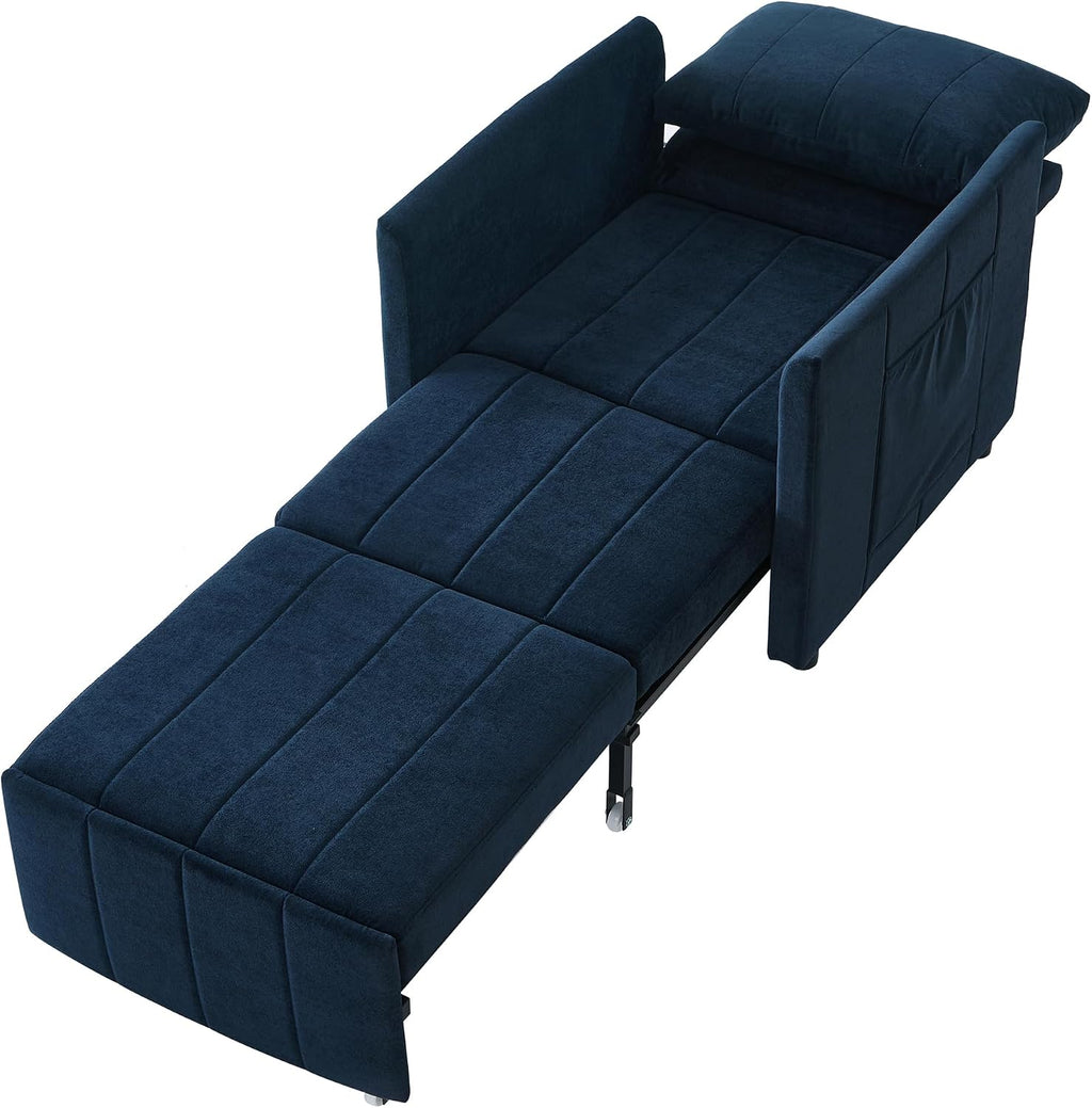 Merax Convertible Chair Bed with a Storage Basket, 3-in-1 Pull Out Sleeper Couch with 5-Position Adjustable Backrest, Linen Folding Sofa Bed for Living Room, Apartment Blue