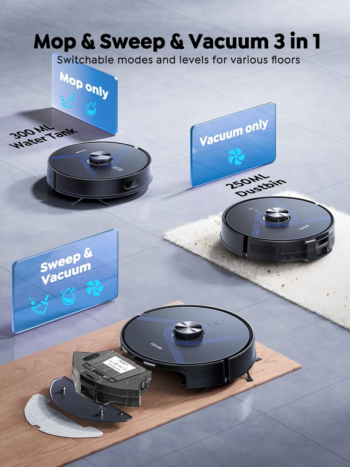 Vyzzle Robot Vacuum and Mop, 4-in-1 Robotic Vacuum Cleaner with Self-Emptying Base, 8000Pa Vacuum Robot with LiDAR Navigation, 60 Days Capacity, Ideal for Pet Hair, Hard Floors, Carpet, E20