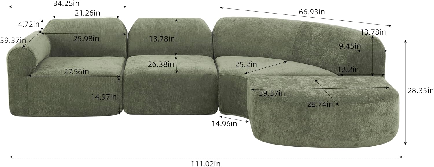 Merax Modern Curved Sectional Sofa with Ottoman, Couch 4-Piece Set High-Density Compressed Sponge, Fully Assembled, Right Hand Facing, Plush Deep Seat for Living Room, Lounge, Apartment, Green