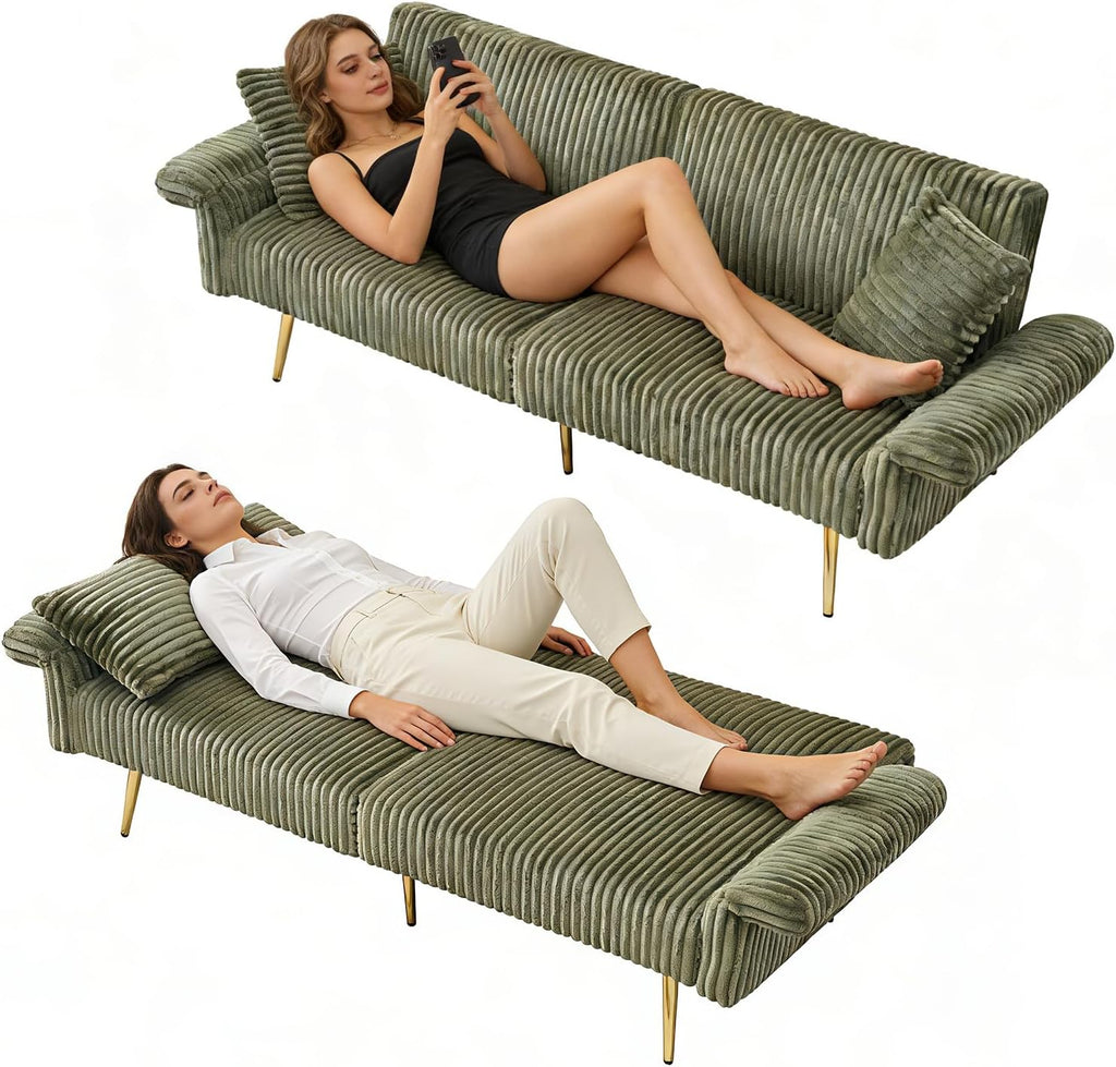 Rovibek Futon Sofa Bed, Convertible Futon Couch Bed with Adjustable Backrest, 2 Pillows, Corduroy Loveseat Futon for Small Spaces, Living Room, Apartment, Office, Green