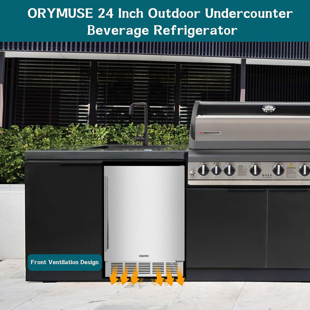 ORYMUSE 24' Outdoor Beverage Cooler Fridge - Undercounter Refrigerator, Stainless Steel Seamless Door - Holds 180 Cans, Powerful Cooling Compressor - Patio Kitchen, Commercial Use