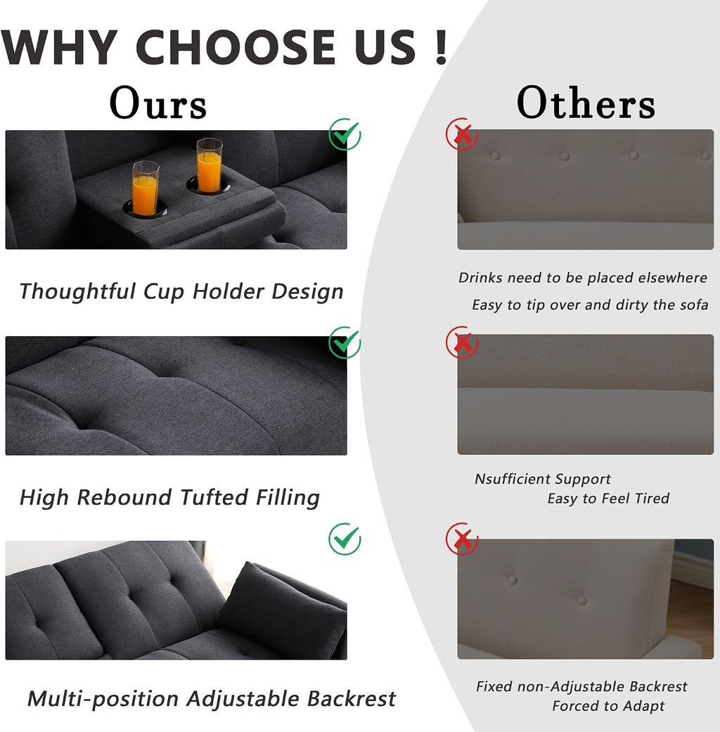 70' Futon Sofa with Cupholders,Adjustable Backrest Cotton Linen with Cup Holders and 2 Throw Pillows Sleeper Sofa for Living Room Apartment Small Space (Dark Grey)