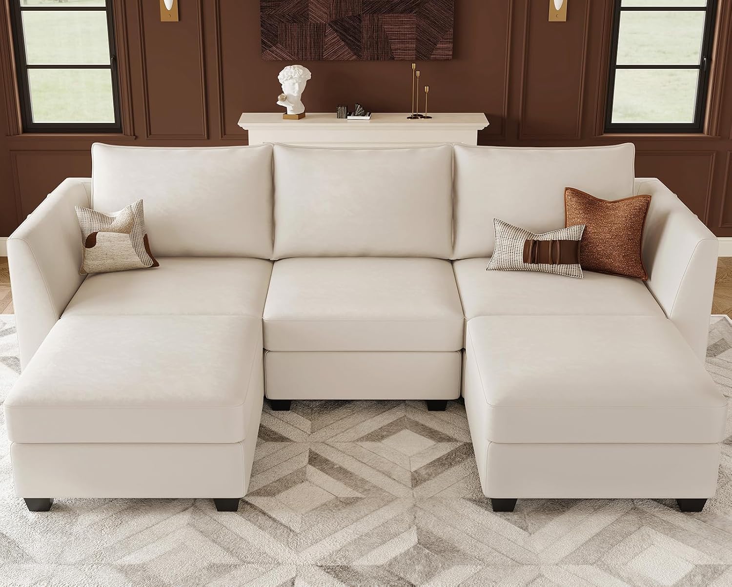 Belffin Modular Sectional Sofa with Double Chaise Velvet U Shaped Sofa Reversible Sectional Couch with Storage Beige