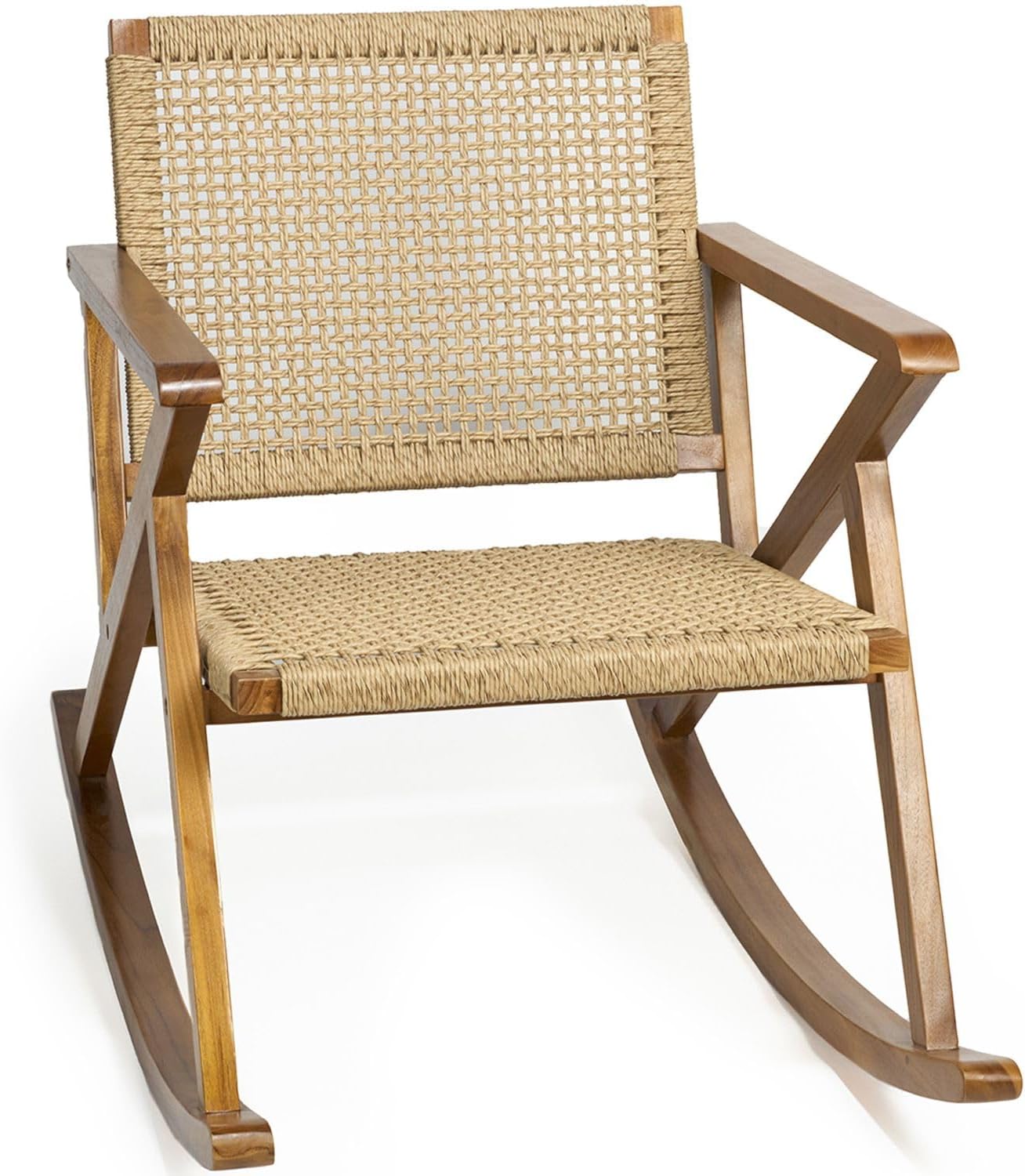 TeakCraft Teak Rocking Chair with Rattan Seat for Adults, Indoor & Outdoor Rocking Chair, Accent Chair, Durable for Patio, Porch, Garden, Living Room, Nursery, Balcony, All Season, The Alinda