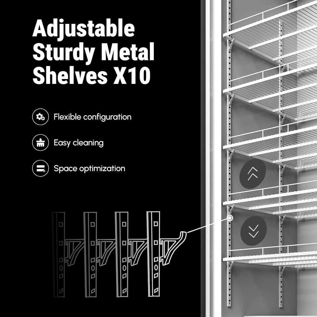 Yeego Commercial Refrigerators - 37.8 Cu.Ft 2 Glass Doors Commercial Beverage Refrigerator with Dual LED Light & Adjustable Shelves, 32-50°F Commercial Cooler for Stores Bakery Bar Offices Restaurants