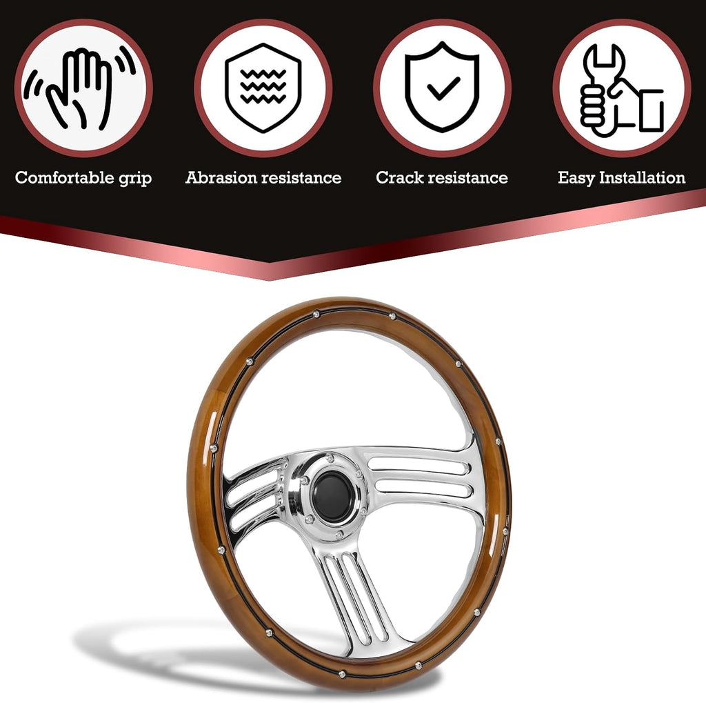 14inch Solid Wood Steering Wheel 350mm Chrome-Plated Aluminum Alloy Spokes, Real Wood Grip, 6-Bolt 3 Spoke Fit for Cars,Vintage Car Classic Car – 70mm Deep Dish Universal Steering Wheel