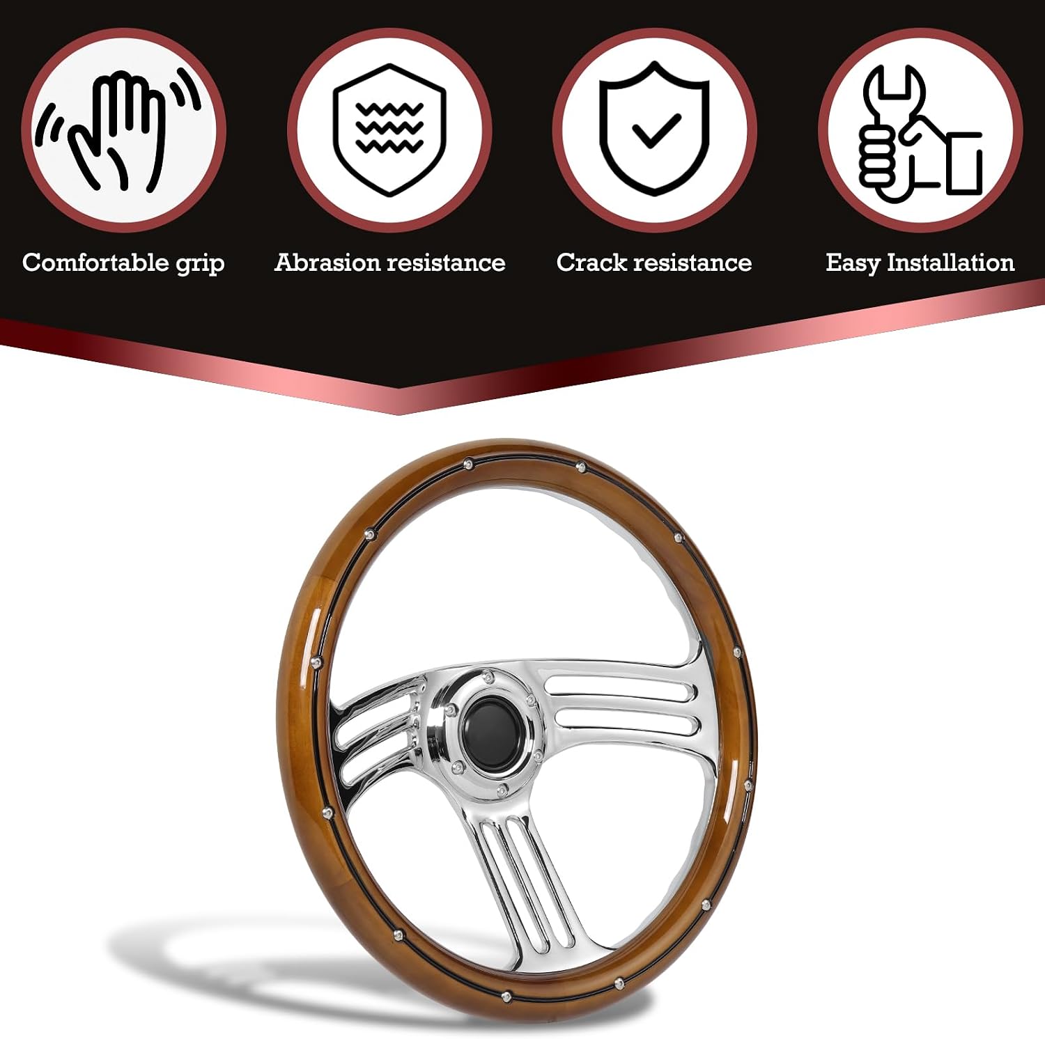 14inch Solid Wood Steering Wheel 350mm Chrome-Plated Aluminum Alloy Spokes, Real Wood Grip, 6-Bolt 3 Spoke Fit for Cars,Vintage Car Classic Car – 70mm Deep Dish Universal Steering Wheel