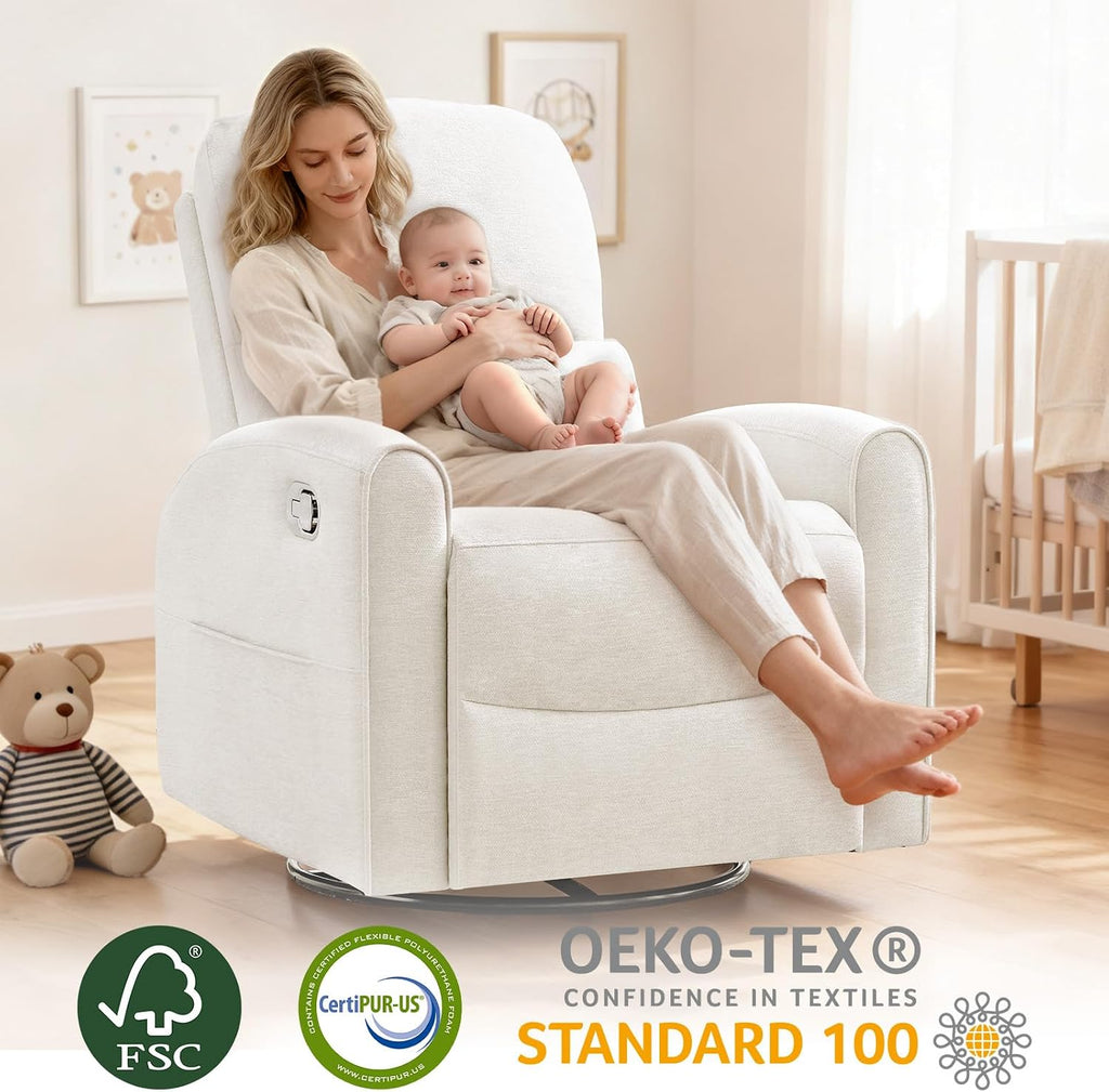 Swivel Rocker Recliner, Manual Swivel Glider Nursery Recliner Chair with Adjustable Headrest and Lumbar Support, Rocking Recling Chairs for Small Space, Living Room, Bedroom, White