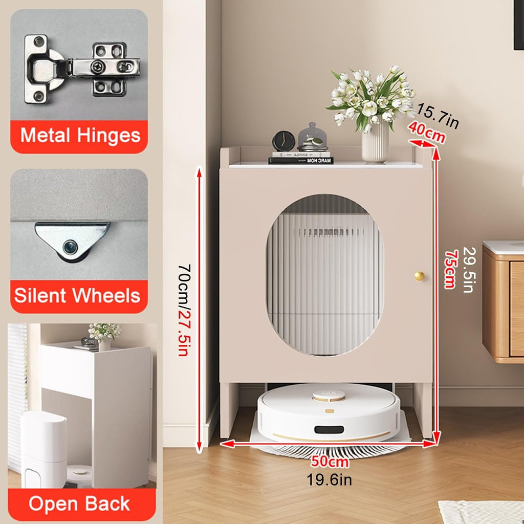 ZAQYCM Mobile Storage Cabinet for Self-Emptying Robot Vacuum and Mop, Home Office Living Room Garage Corner Hidden Robot Vacuum Stand, Wood Accent End Table with Wheels(Champagne,50x40x75cm)
