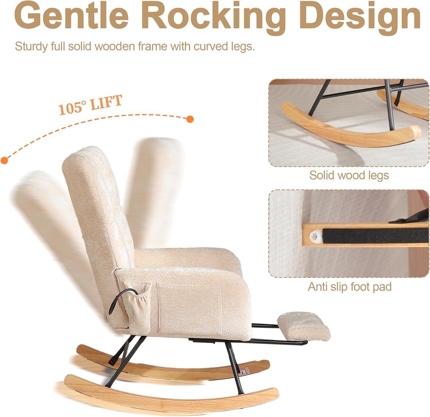 Nursery Rocking Chair with Airbag, Comfy Modern Rocking Reading Chair Indoor with Footrest, Cozy Upholstered Glider Rocker Chairs for Living Room Bedroom Offices, (Chenille, Beige)