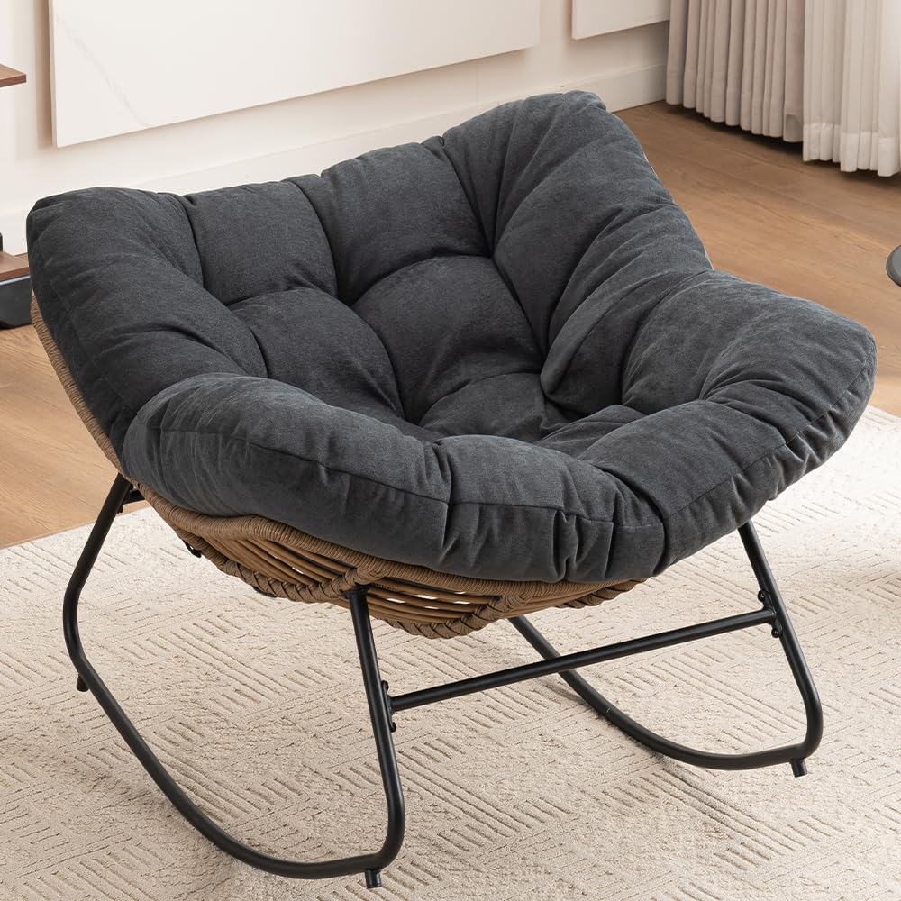 Outdoor Papasan Chair, Oversized Rocking Chair with Cushion and Metal Frame, Patio Lounge Rocking Chair for Balcony Backyard Porch Bedroom Living Room (Black)