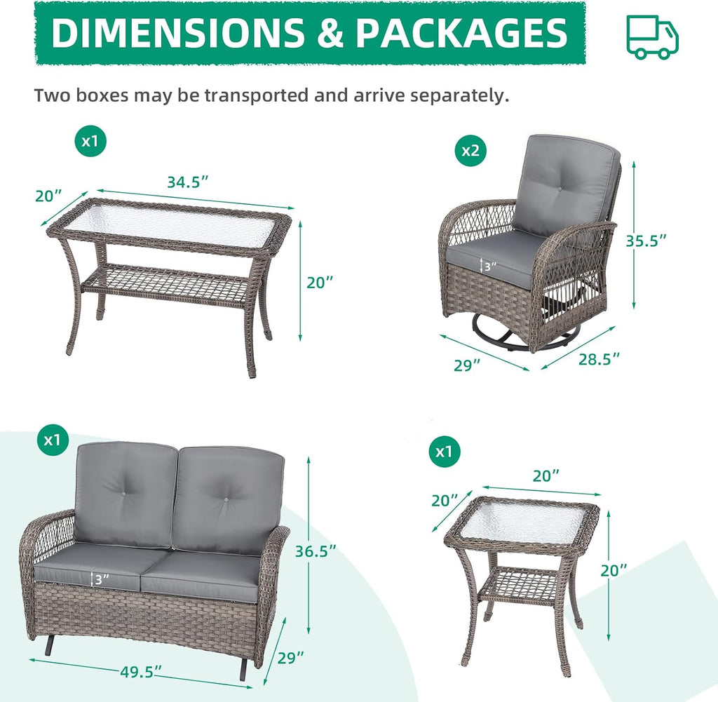 VIVIJASON 5-Piece Outdoor Patio Wicker Conversation Sets, All Weather Outdoor Rattan Furniture Set Includes Glider Loveseat, 2 Coffee Table, 2 Swivel-Gliders Chairs with Cushions, Grey