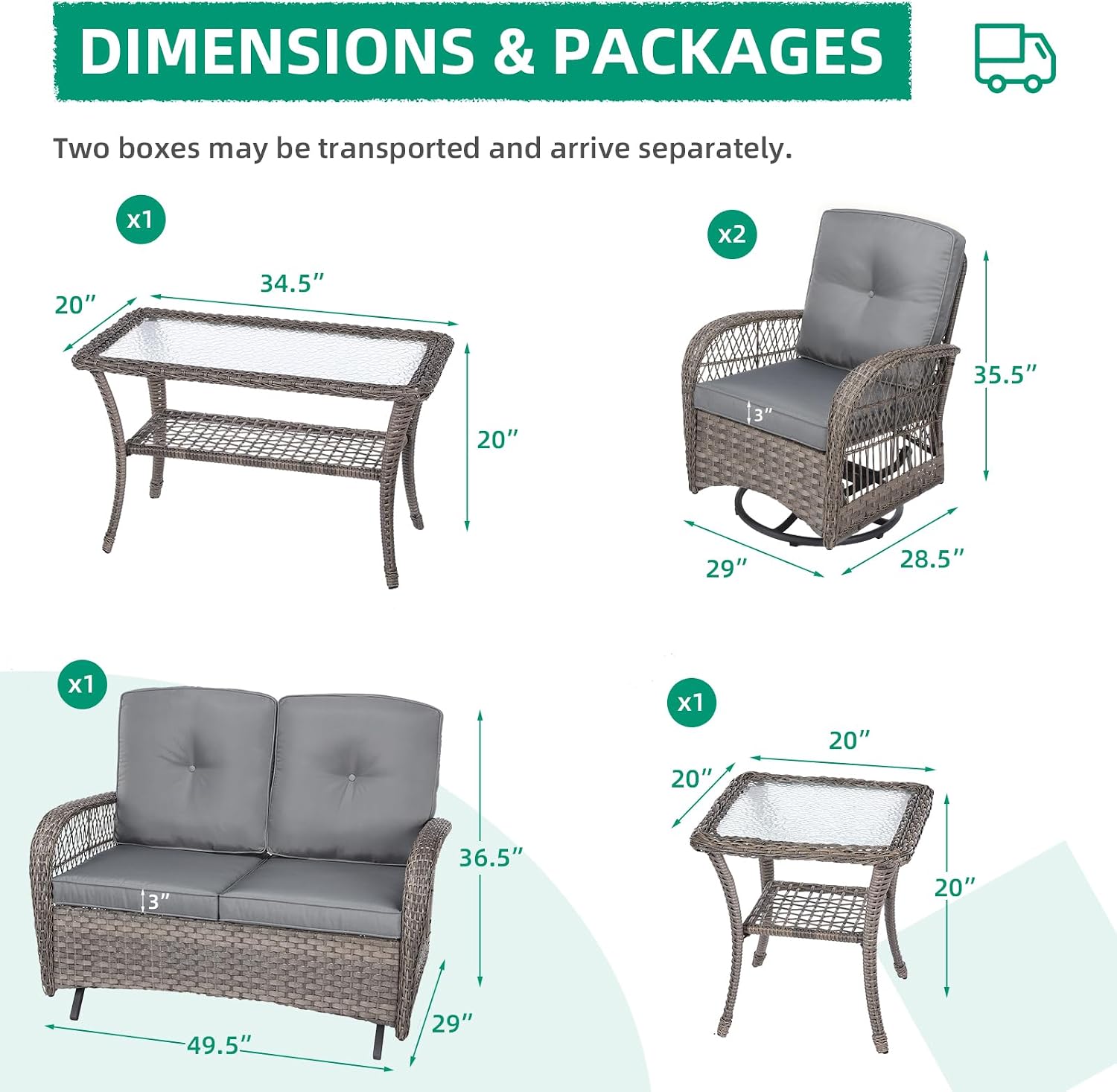 VIVIJASON 5-Piece Outdoor Patio Wicker Conversation Sets, All Weather Outdoor Rattan Furniture Set Includes Glider Loveseat, 2 Coffee Table, 2 Swivel-Gliders Chairs with Cushions, Grey