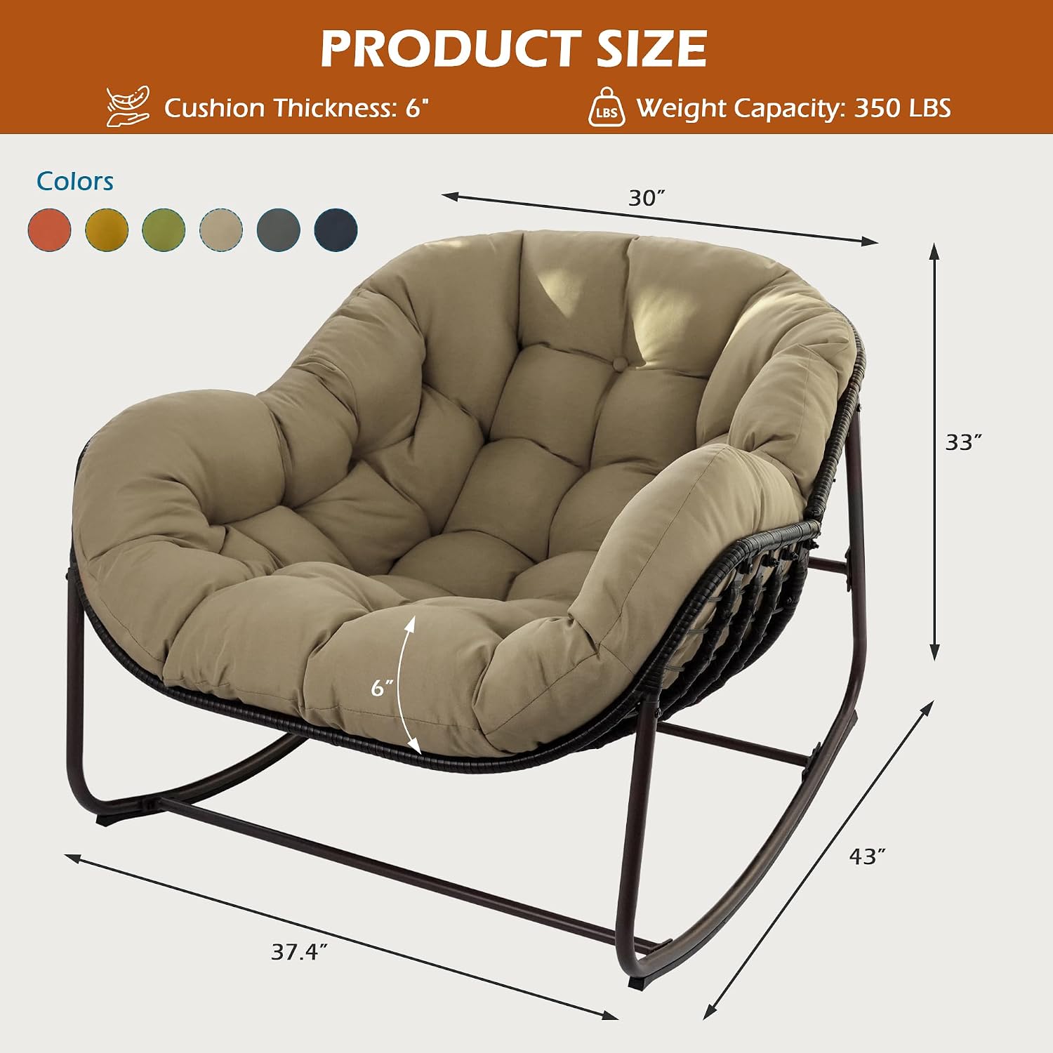 Papasan Rocking Chair Indoor & Outdoor, Oversized Egg-Shaped Papasan Rocker with Cushion & Pillow, All-Weather Wicker Patio Lounge Chair for Garden, Porch, Living Room (Khaki)