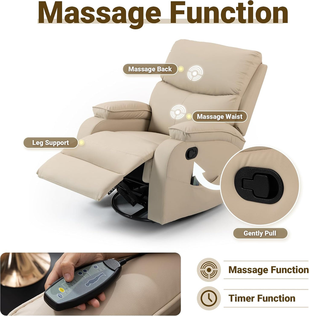 360° Swivel Rocking Recliner Chair, Massage Lazy Boy Recliner, Small Spaces Recliner for Living Room, Bedroom and Nursery, Beige Leather