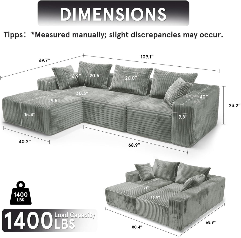 Sytopia 109' L-Shaped Cloud Couch, Modular Sectional Sofa with Deep Seat for Living Room Bedroom, Modern Floor Couch Corduroy, Comfy Sleeper Futon Sofa Bed 40D Foam Furniture, Left Facing
