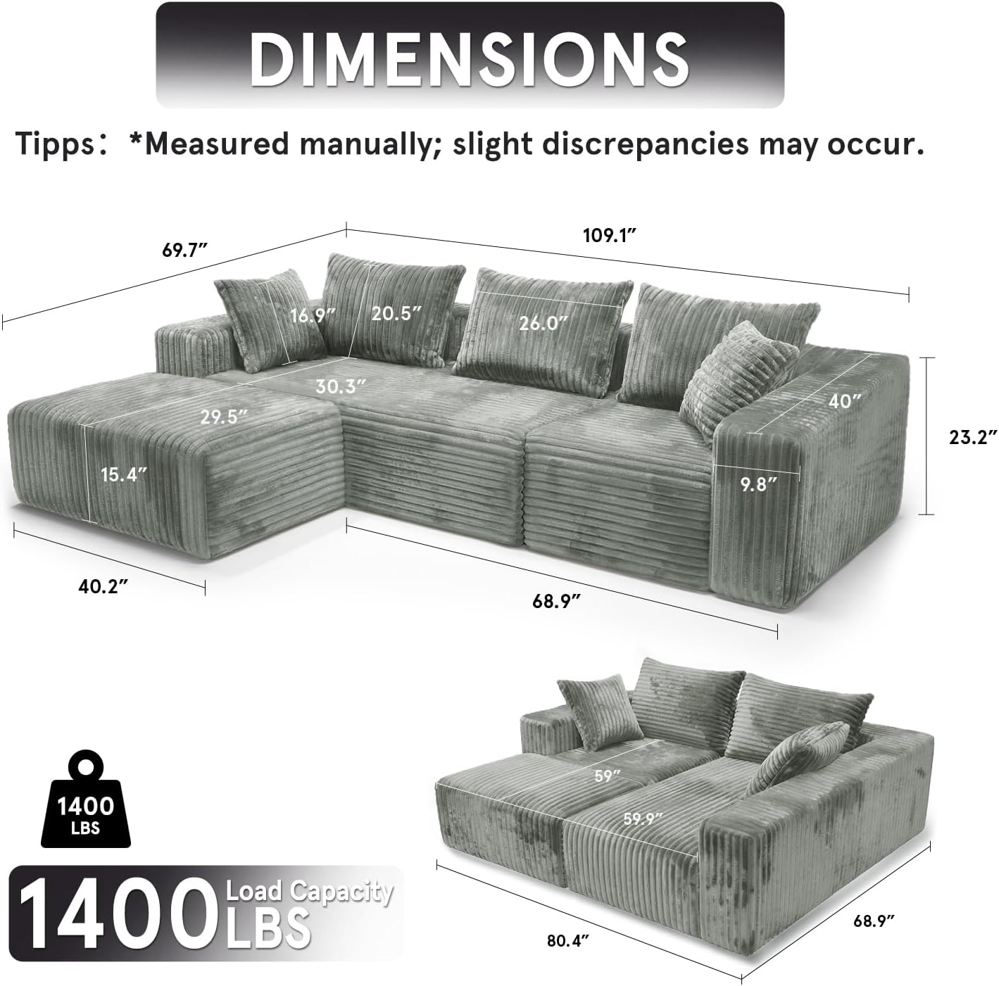 Sytopia 109' L-Shaped Cloud Couch, Modular Sectional Sofa with Deep Seat for Living Room Bedroom, Modern Floor Couch Corduroy, Comfy Sleeper Futon Sofa Bed 40D Foam Furniture, Left Facing
