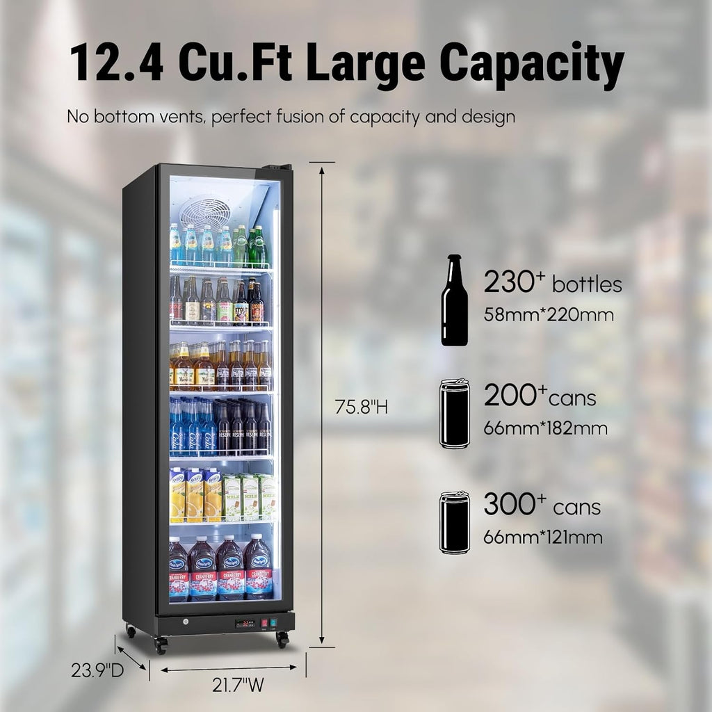 Yeego Commercial Refrigerators - 12.4 Cu.Ft Glass Door Commercial Beverage Refrigerators with Dual LED Light & Adjustable Shelves, 32-50°F Commercial Cooler for Stores Bakery Bar Offices Restaurants