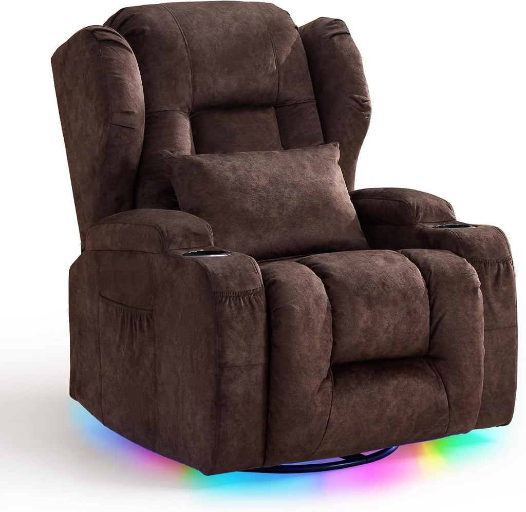 TUNYI Power Recliner Chair - Velvet Home Theater Seating Glider Reclining Sofa with Massage & Heat Swivel Rocker Recliner Chair for Living Room with LED Light/USB Port/Lumbar Pillow (Brown)