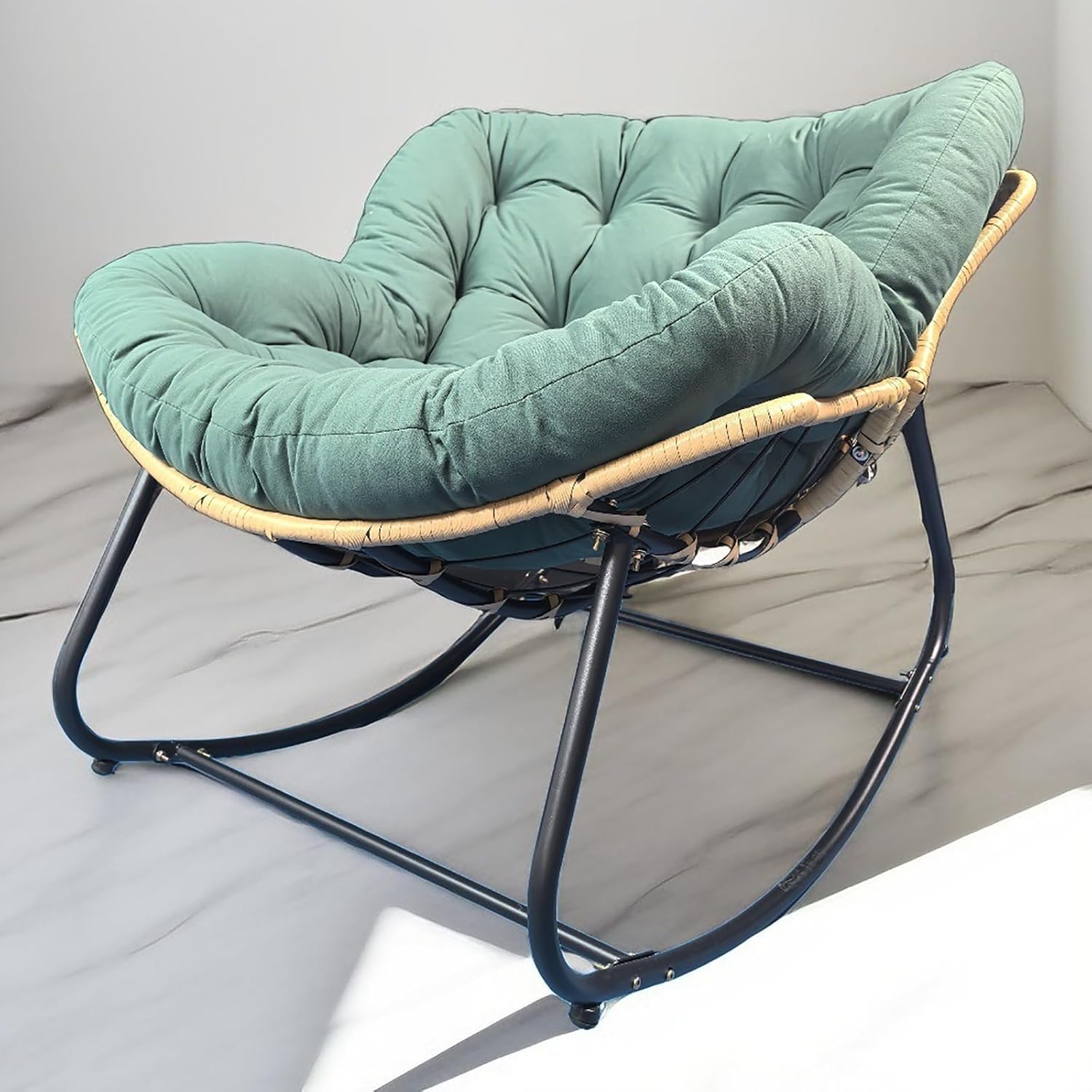 Outdoor Papasan Chair, Oversized Outdoor Rocking Chair with Thick Cushion, Indoor Egg Rocker Lounge Chair, Patio Chairs for Porch Garden Living Room Bedroom (Dark Green)