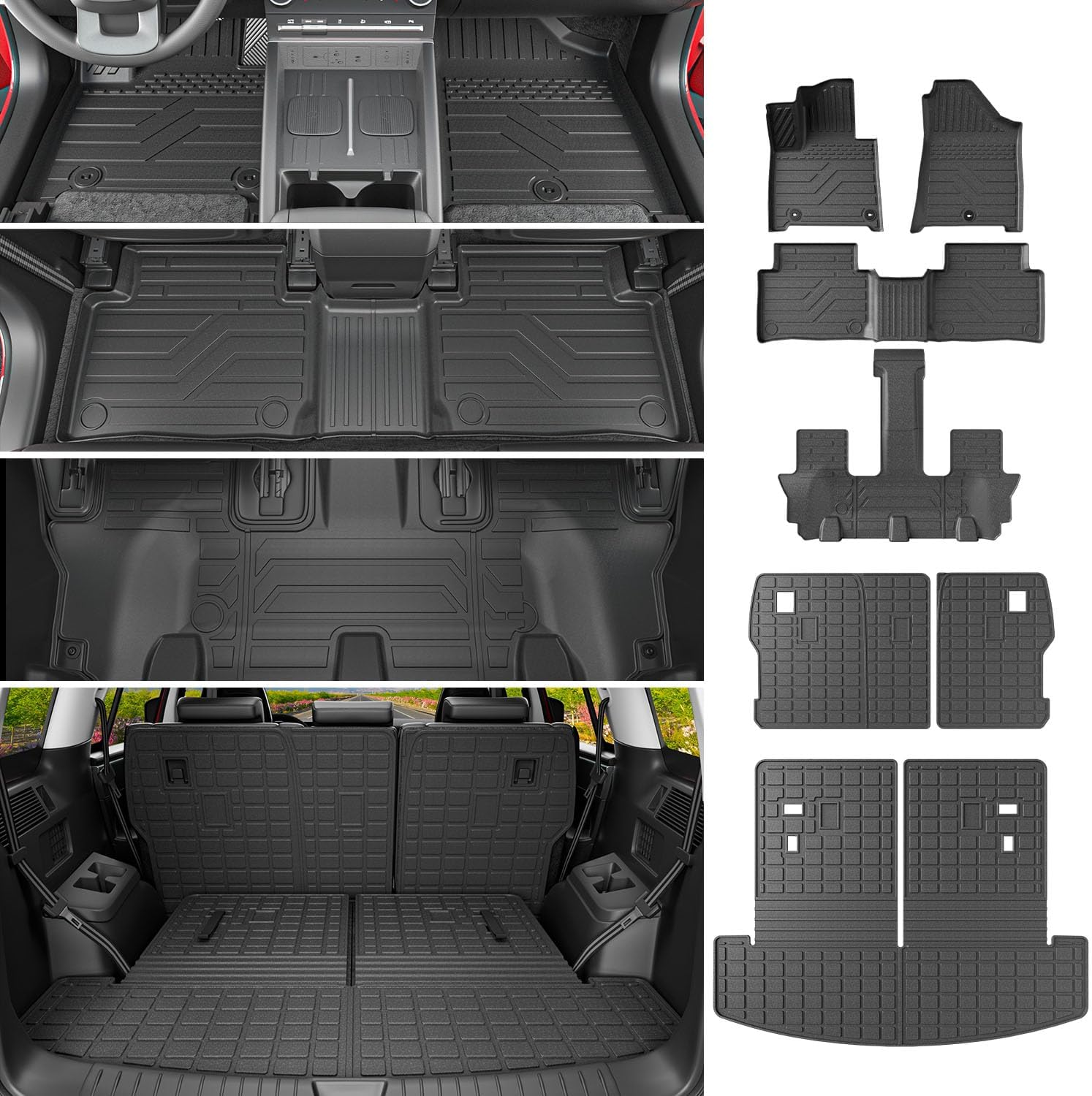 powoq Fuel&Hybrid Floor Mats Compatible with 2024-2026 Santa Fe Cargo Liner Trunk Mat 2nd Row TPE Replacement for 2024 2025 2026 Santa Fe Accessories (2nd Row Backrest Mat+Cargo Mat+Floor Mats)