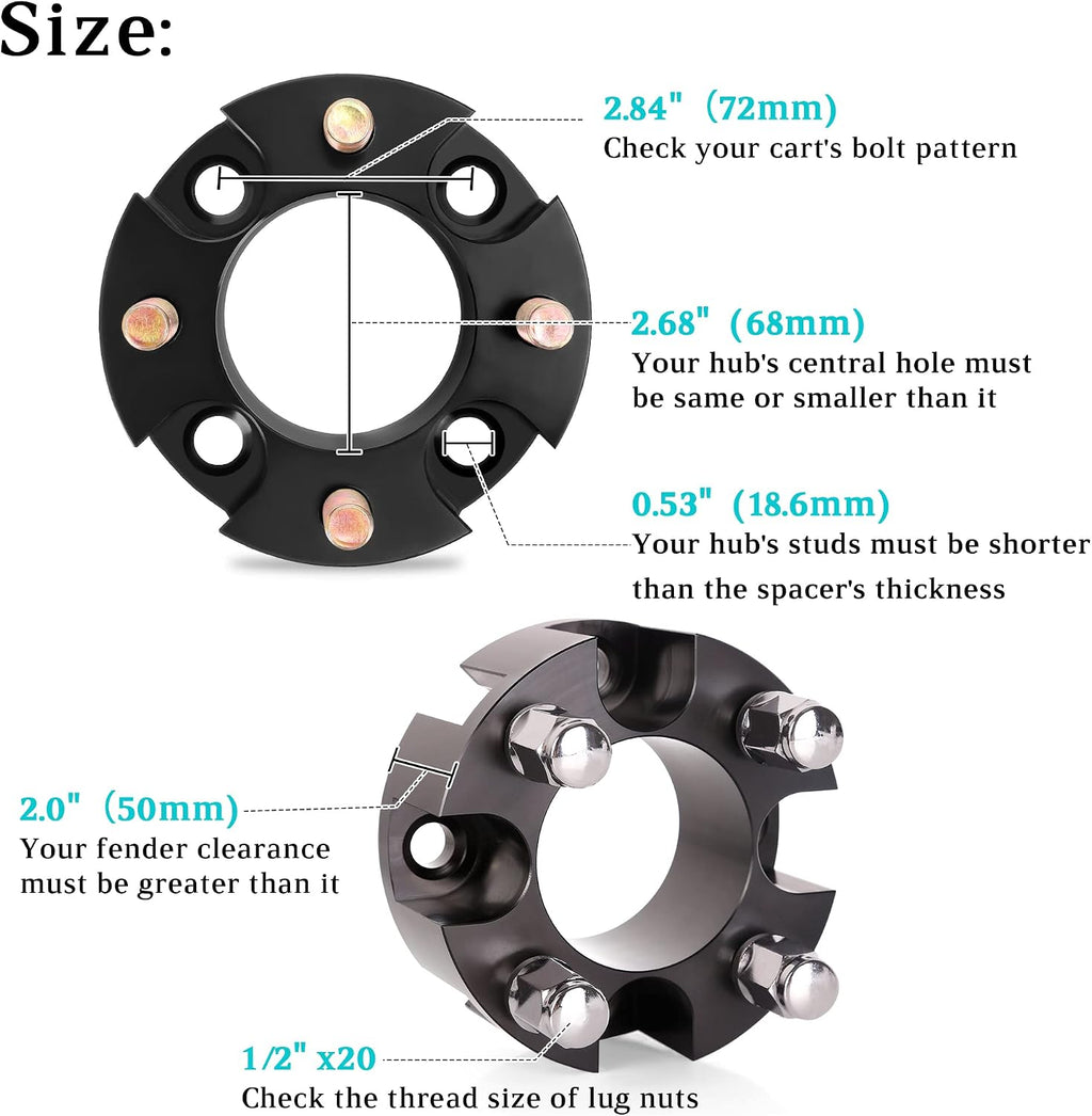 10L0L 2 Inch Golf Cart Wheel Spacers Kit with Lug Nuts - for Yamaha,Club Car,EZGO, 4x4 Bolt Pattern, 68mm Hub Bore, 1/2-20 Studs, CNC Aluminum, 4 Pack Wheel Hub Adapters