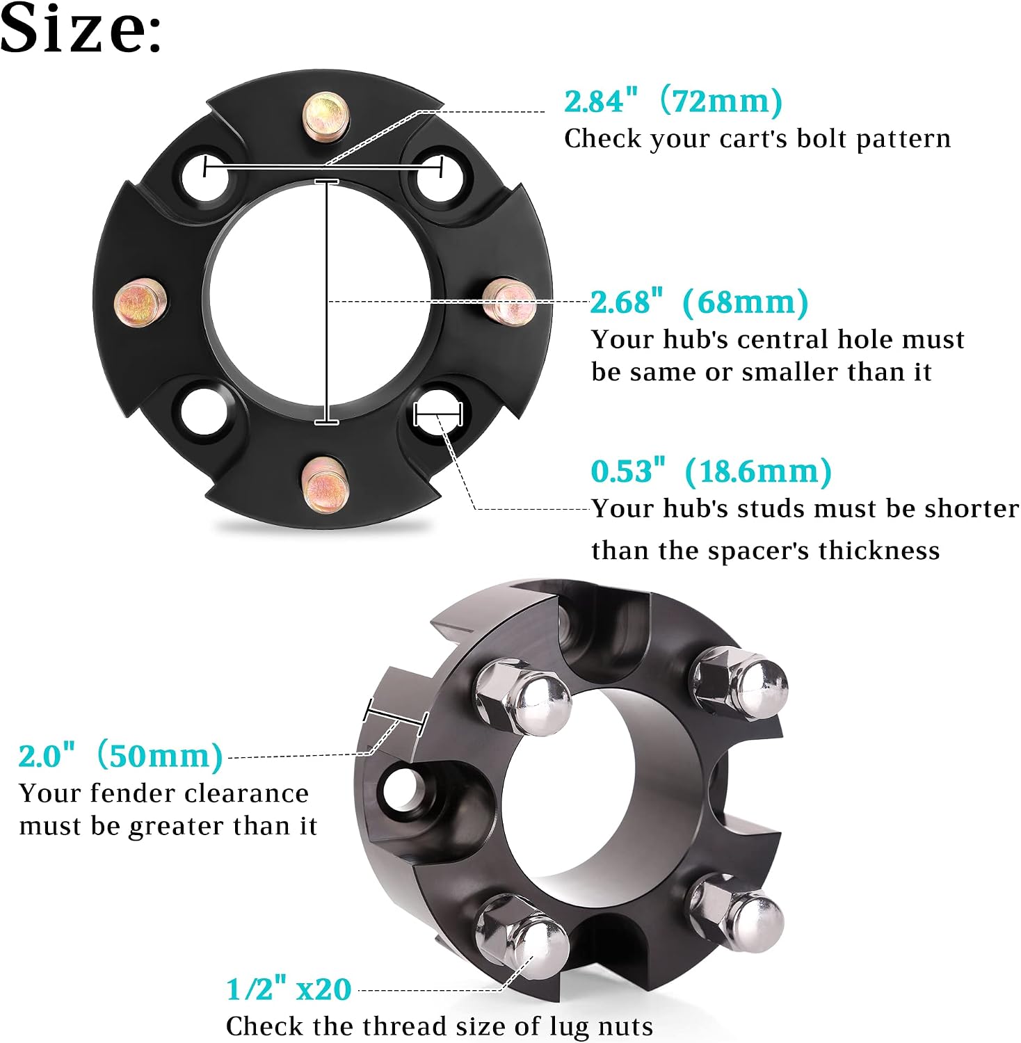 10L0L 2 Inch Golf Cart Wheel Spacers Kit with Lug Nuts - for Yamaha,Club Car,EZGO, 4x4 Bolt Pattern, 68mm Hub Bore, 1/2-20 Studs, CNC Aluminum, 4 Pack Wheel Hub Adapters