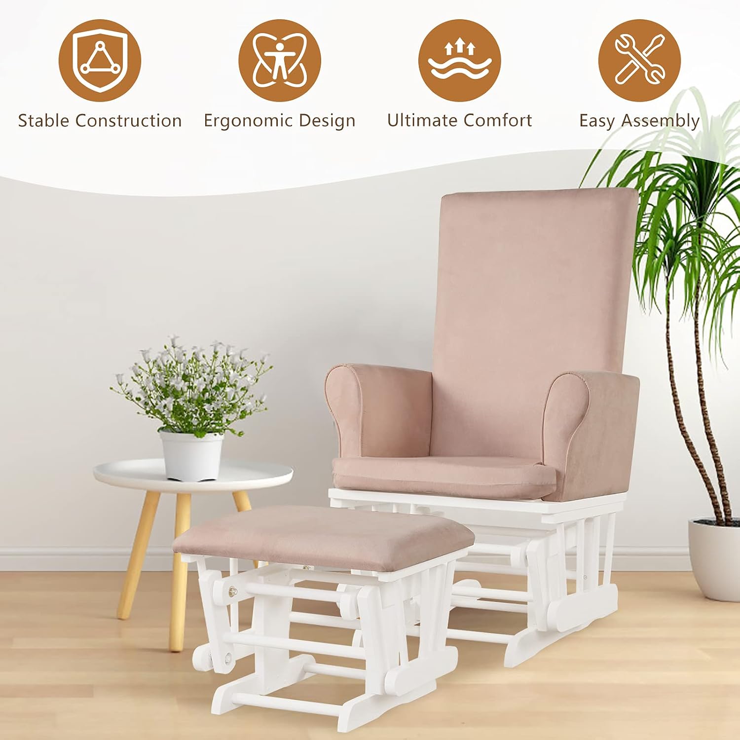 Costzon Glider and Ottoman Set, Wood Baby Rocker Nursery Furniture for Napping Reading Nursing, Cleanable Upholstered Comfort Rocking Nursery Chair with Detachable Cushion (Pink)