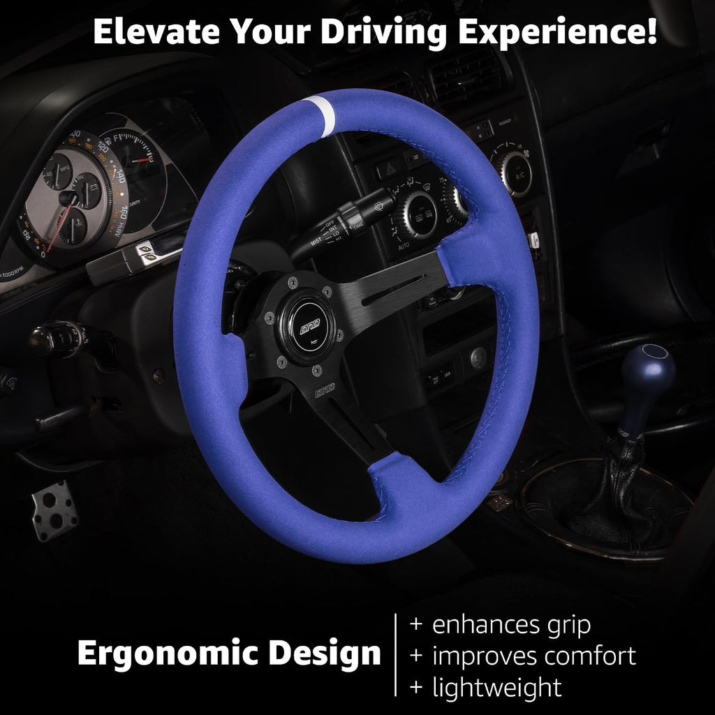 DND Performance Interior's Full Color Suede Race Wheel / 350mm Diameter and 75mm Depth / 6x70mm Bolt Pattern/Suede Racing Steering Wheel with Horn Button Included (Blue)